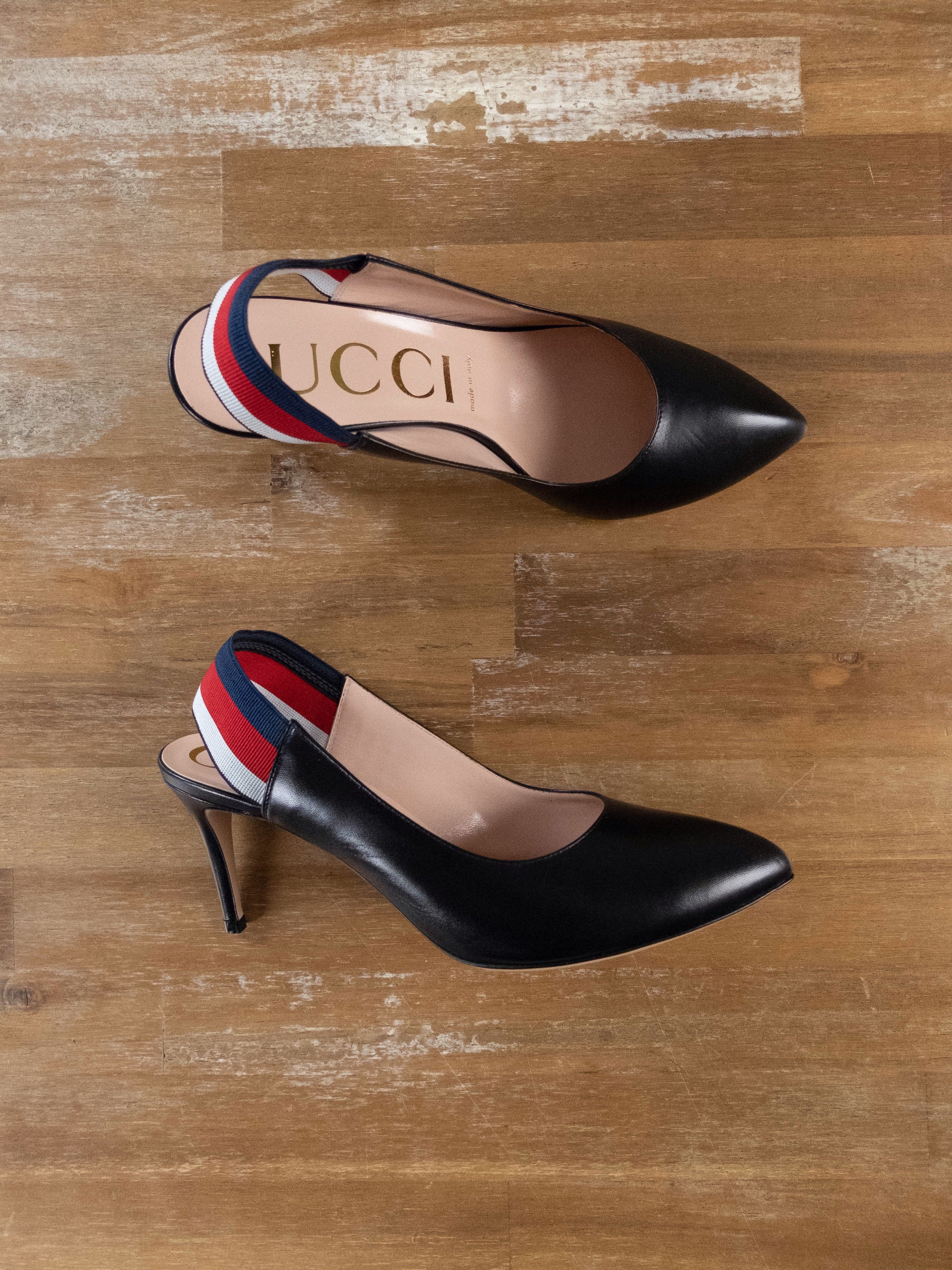 Gucci GUCCI Sylvie black leather slingback pumps sandals 8.5 38.5 Size US 8.5 / IT 38.5 - 3 Thumbnail