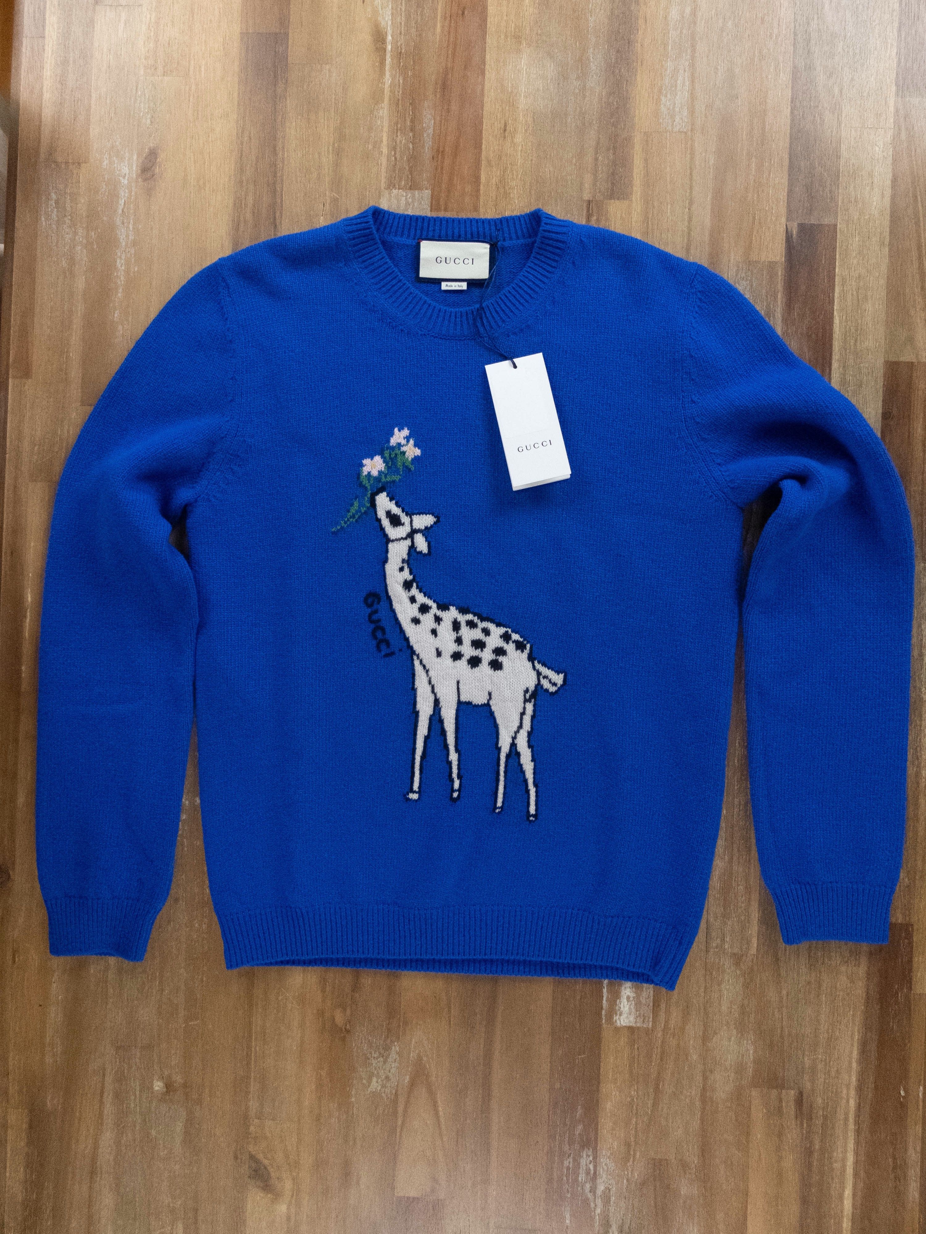 Gucci GUCCI blue wool Intarsia giraffe motif sweater Large NWT Size L / US 10 / IT 46 - 1 Thumbnail