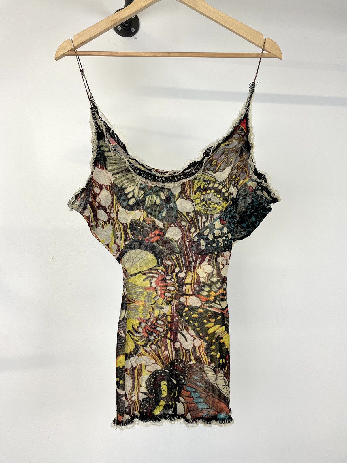 image of Jean Paul Gaultier 2003 Gaultier Butterfly Kendall Jenner Tattoo Mesh Top in Green/Yellow, Women's 