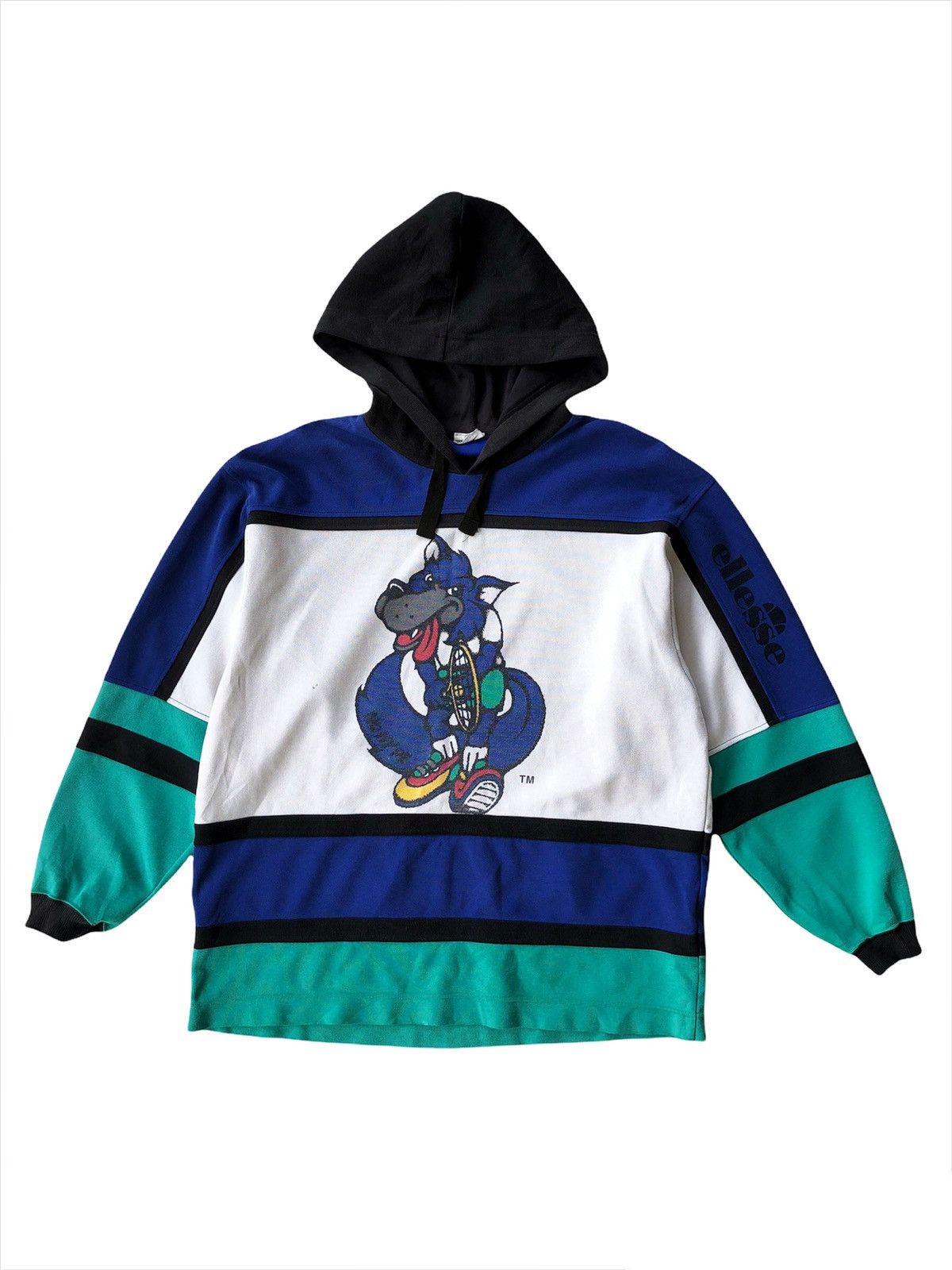 1980s Ellesse 🇮🇹 Tennis Mascot Color Block Hoodie Sweater