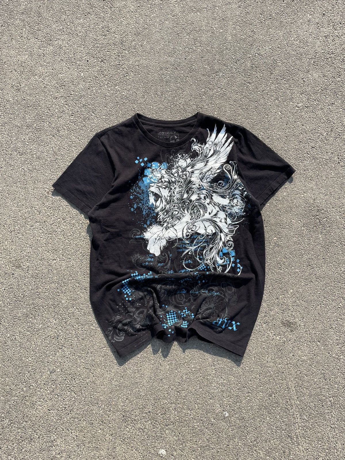 T-shirt Vintage Avirex Y2K - Style Affliction Tatouage - Taille XL - Noir Avec Broderie Skull Poker - Coton - Années 2000