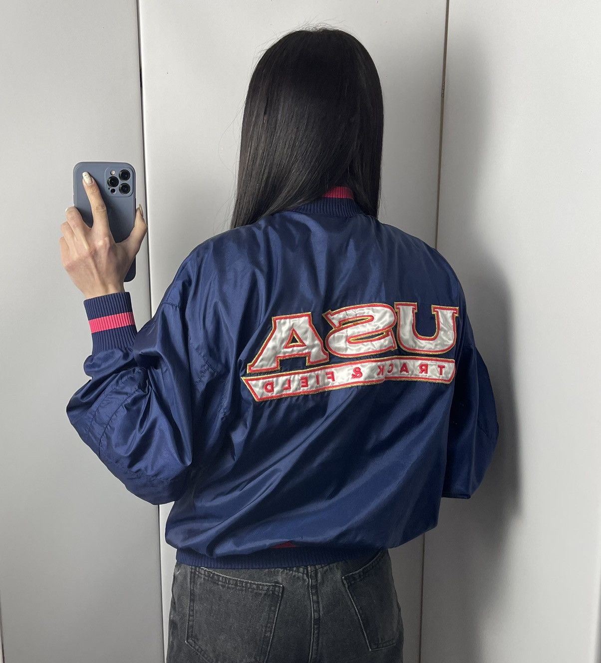 Vintage Nike USA Track Field bomber big logo navy pink