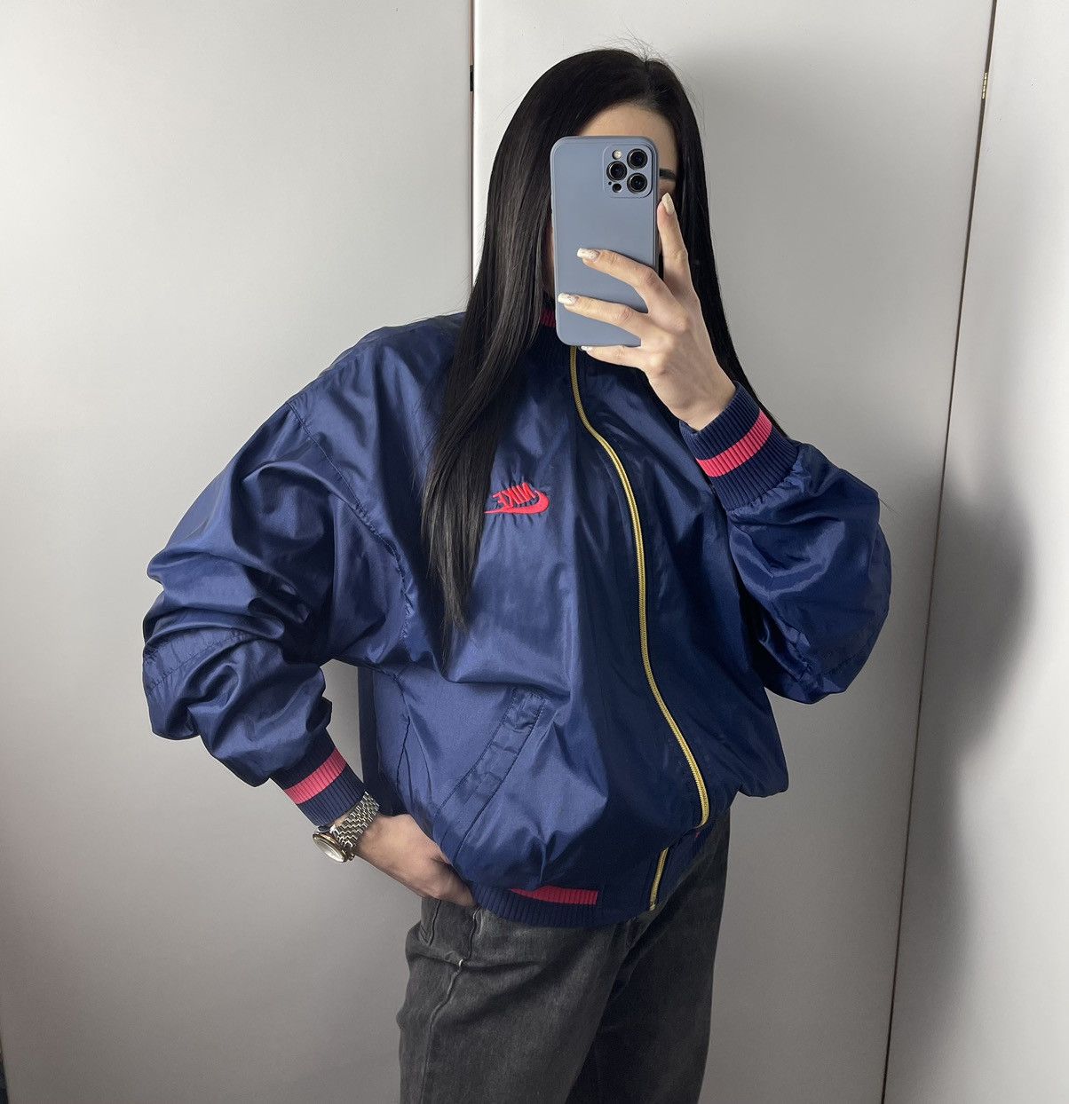 Vintage Nike USA Track & Field bomber big logo navy pink