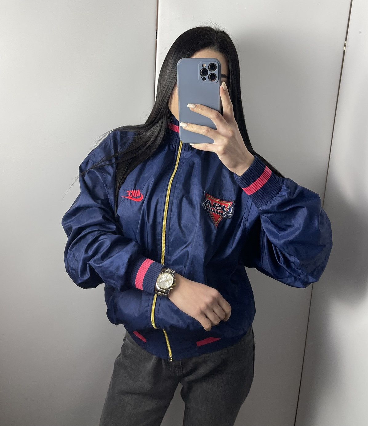 Vintage Nike USA Track & Field bomber big logo navy pink