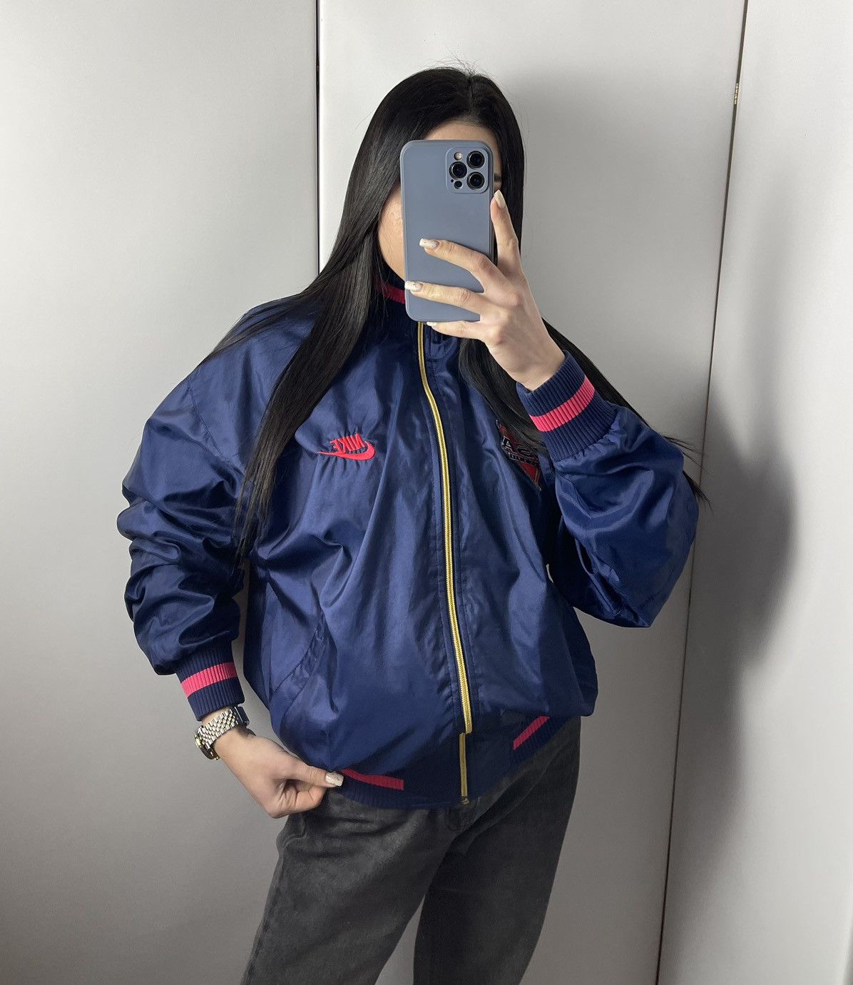 Vintage Nike USA Track & Field bomber big logo navy pink
