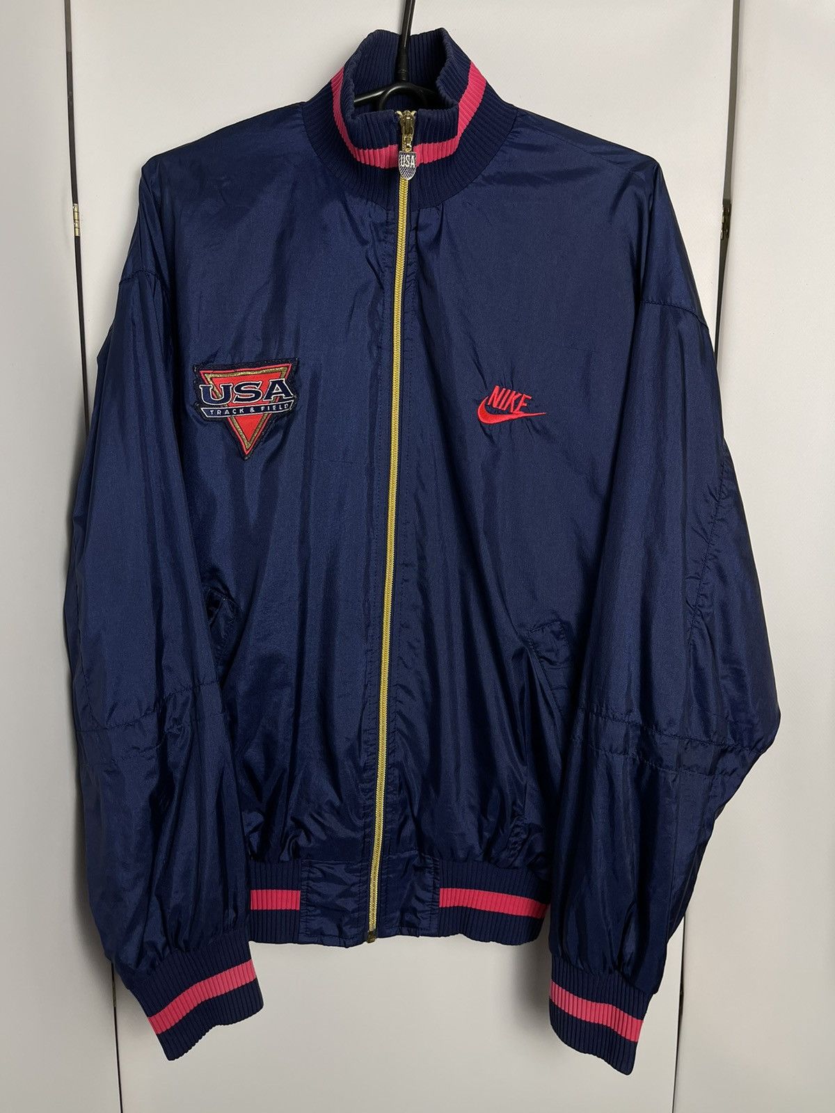 Vintage Nike USA Track & Field bomber big logo navy pink