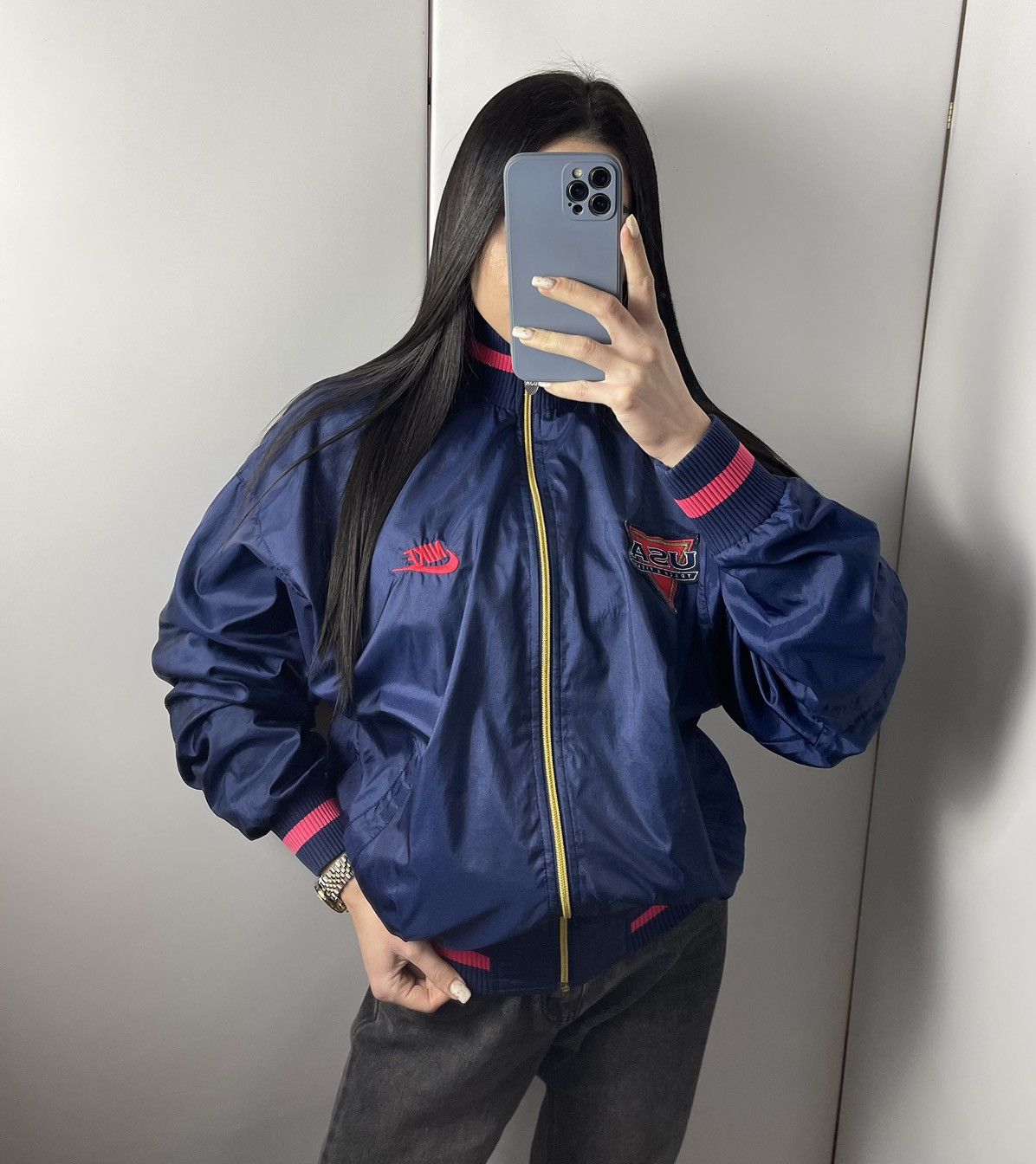 Vintage Nike USA Track & Field bomber big logo navy pink