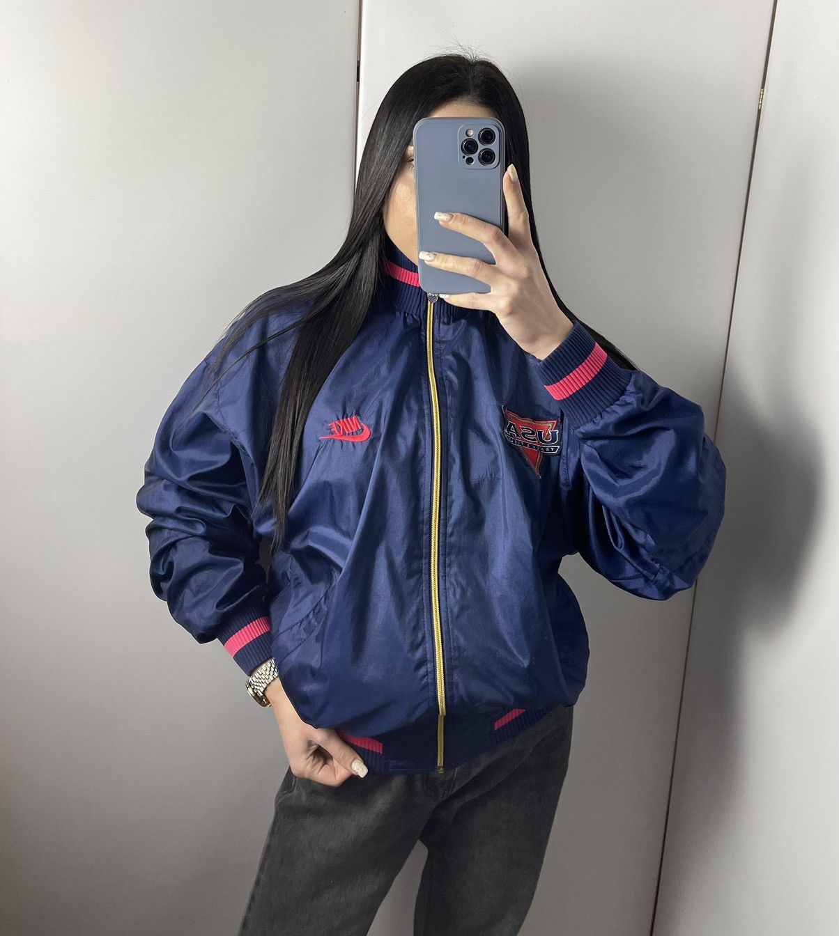 Vintage Nike USA Track & Field bomber big logo navy pink