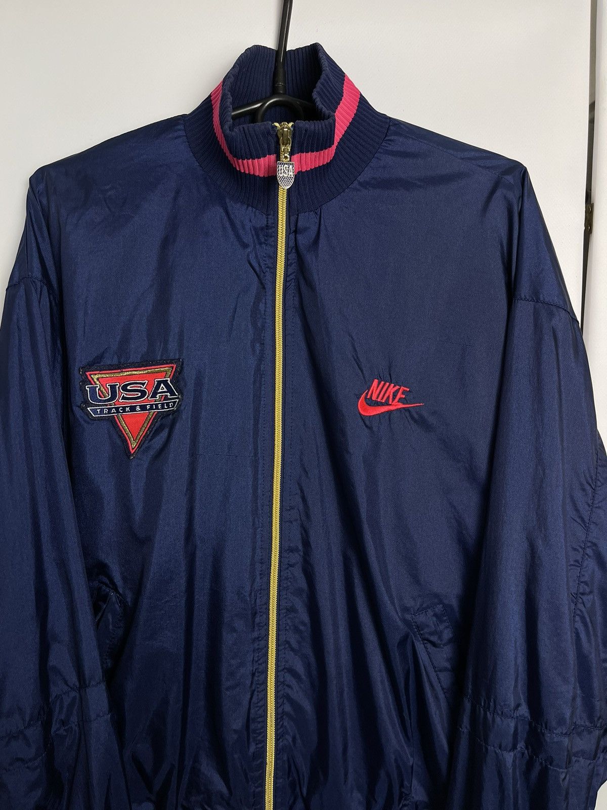 Vintage Nike USA Track & Field bomber big logo navy pink
