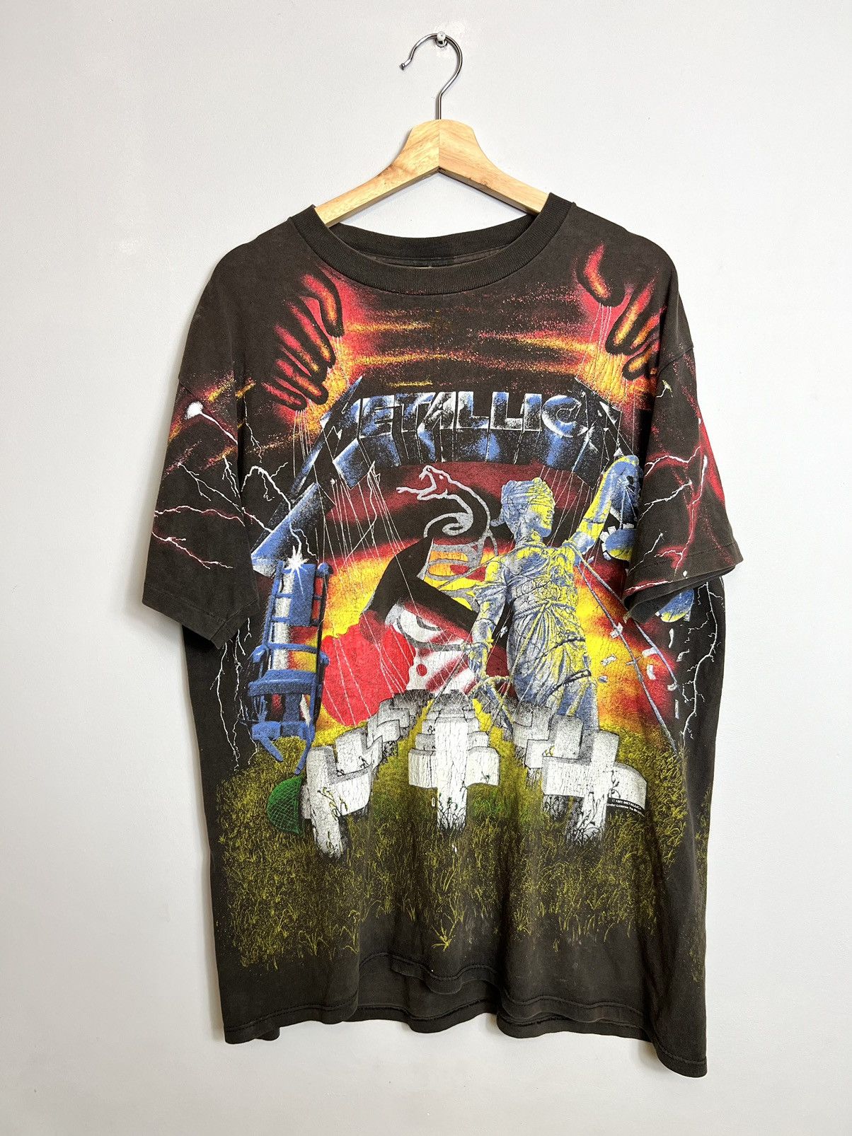 image of Band Tees x Metallica Vintage Metallica All Over Print 1991 Metal Band Tee in Faded Black (Size XL)