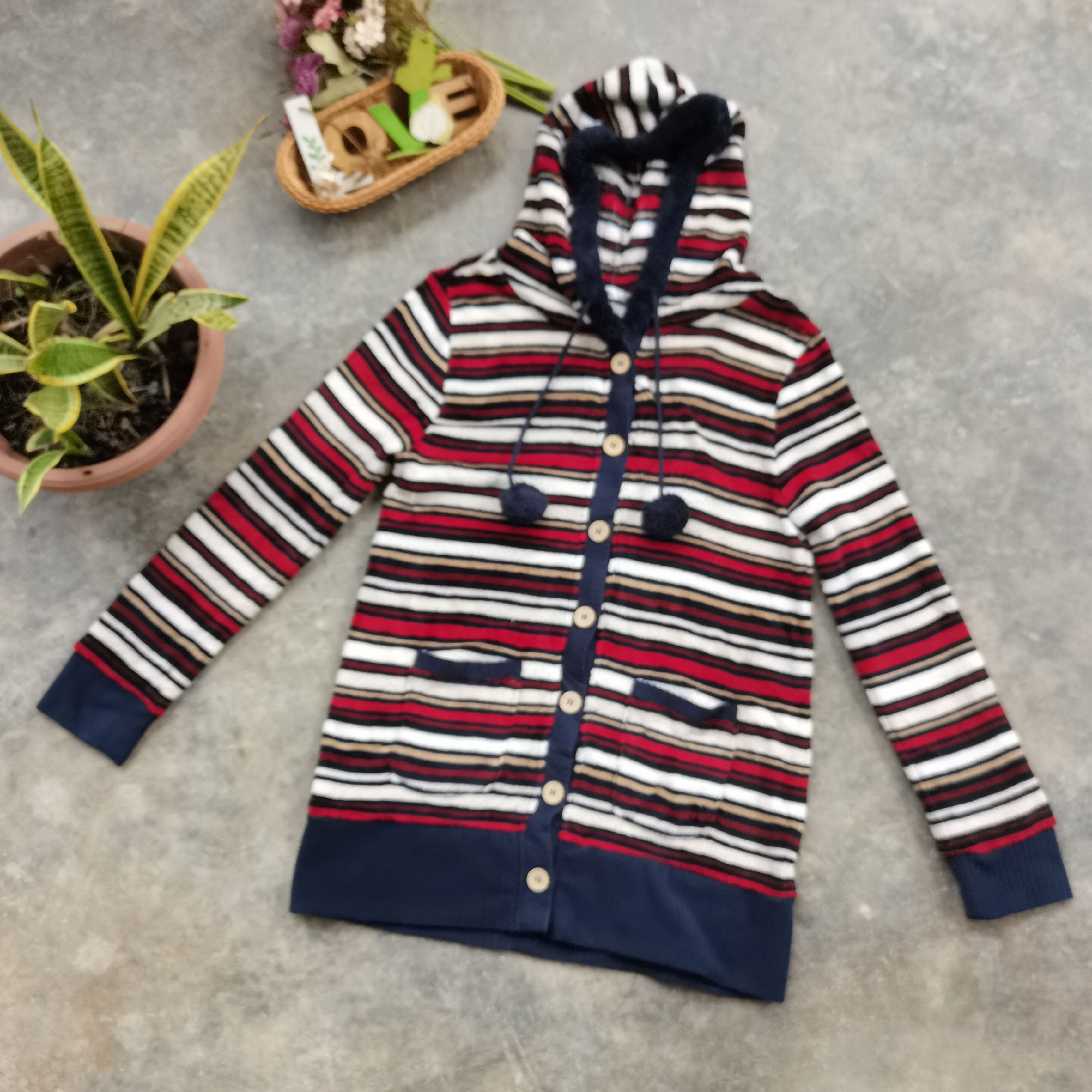Japanese Brand × Vintage Vintage DYUKAS Stripe Fleece Jacket With Hoodie Size US L / EU 52-54 / 3 - 1 Thumbnail