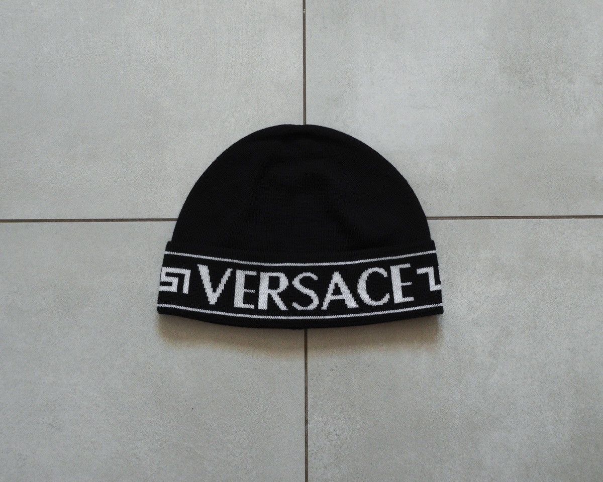 image of Versace Big Logo Black Wool Beanie Hat, Men's