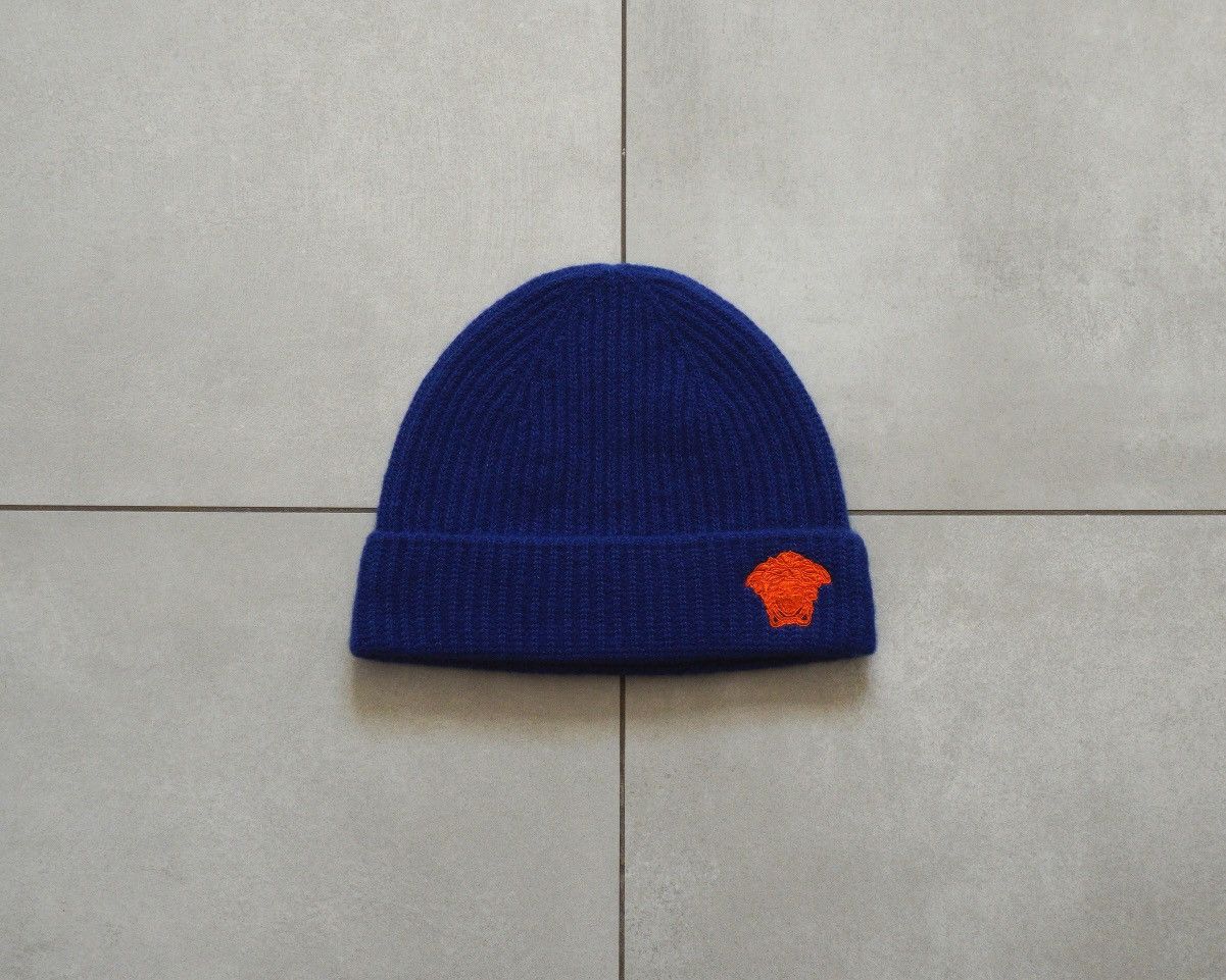 image of Versace Medusa Logo Blue Cashmere Wool Beanie Hat, Men's