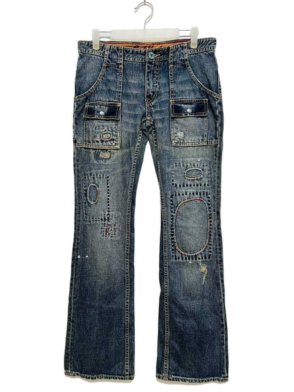 image of Archival Clothing x Hysteric Glamour Back Number Patchwork Hysteric Design Bootcut Jeans in Blue (S