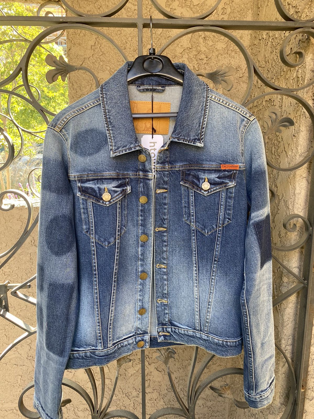 image of Martine Rose Badges Wash Denim Jacket in Blue, Men's (Size Small)