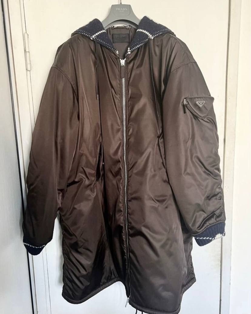 image of Prada x Raf Simons Need Gone Offer Up Fw21 Re-Nylon Hooded Bomber Parka Jacket in Brown (Size Mediu