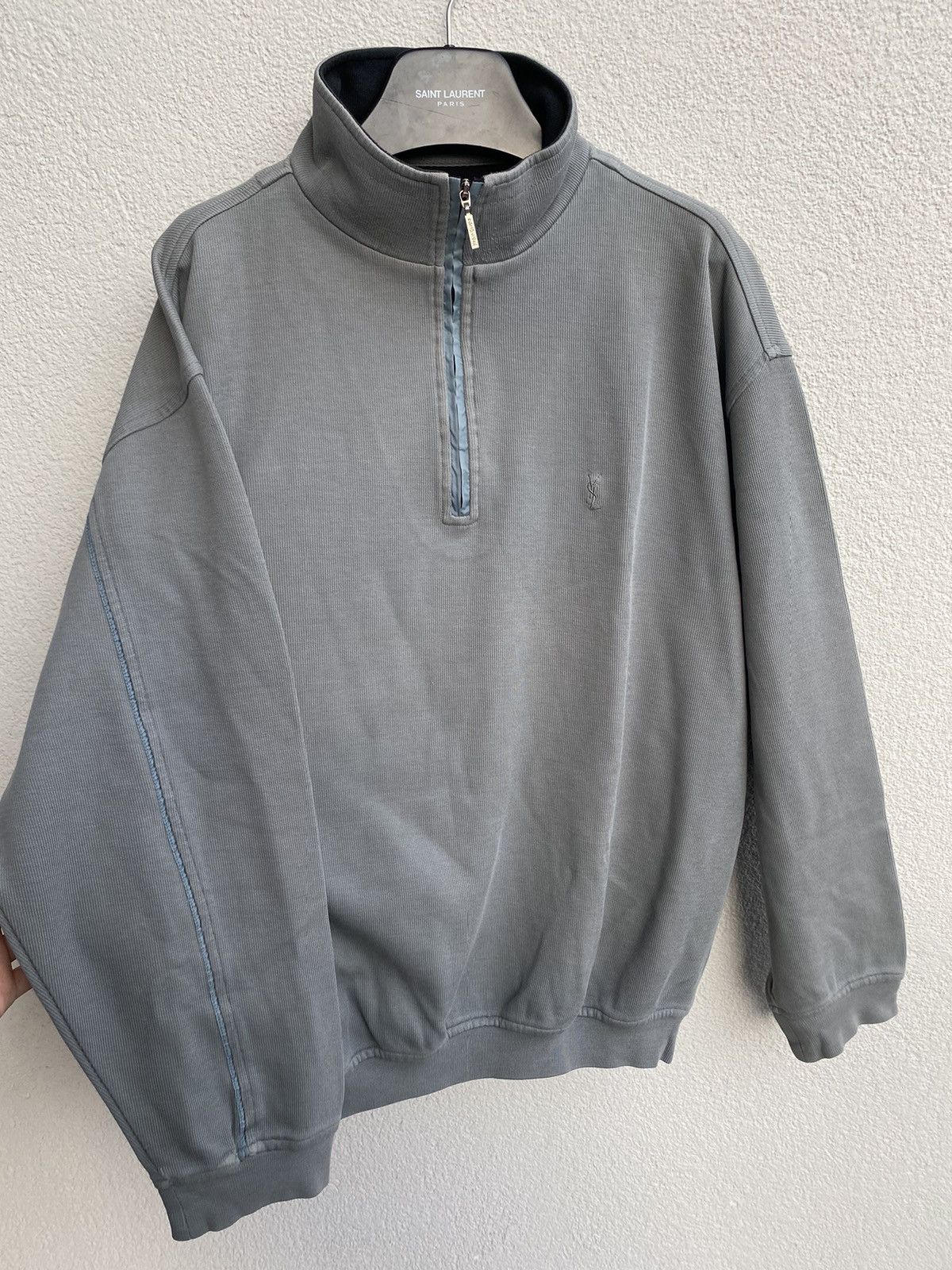 Yves Saint Laurent Turquoise 90s YSL Sweatshirt 1/4 Quarter Zip Vintage Sweater Size US L / EU 52-54 / 3 - 1 Thumbnail