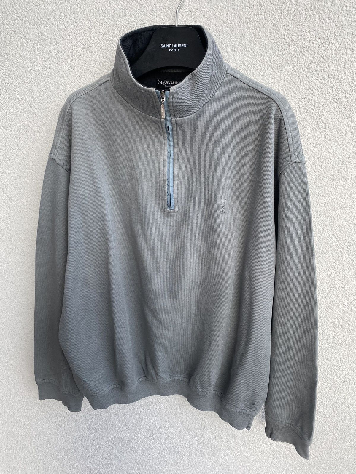 Yves Saint Laurent Turquoise 90s YSL Sweatshirt 1/4 Quarter Zip Vintage Sweater Size US L / EU 52-54 / 3 - 3 Thumbnail