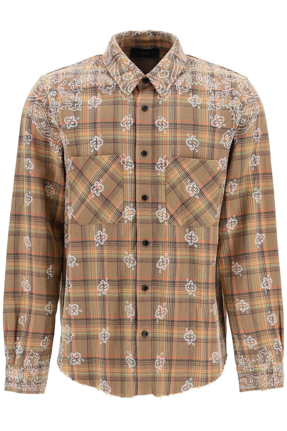 image of Amiri Bleach Bandana Plaid Shirt in Beige/Orange, Men's (Size XL)