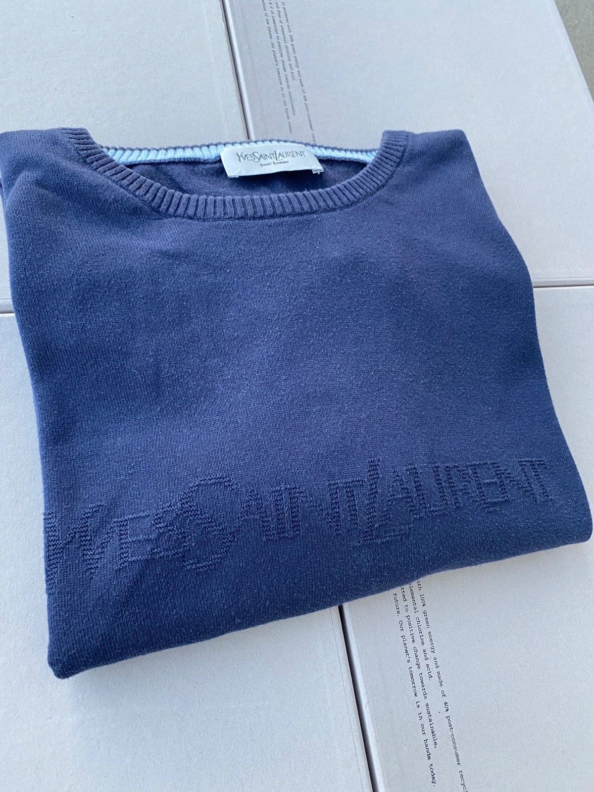 image of Vintage x YVES Saint Laurent Big Logo YSL Sweater Light in Navy Blue, Men's (Size XL)