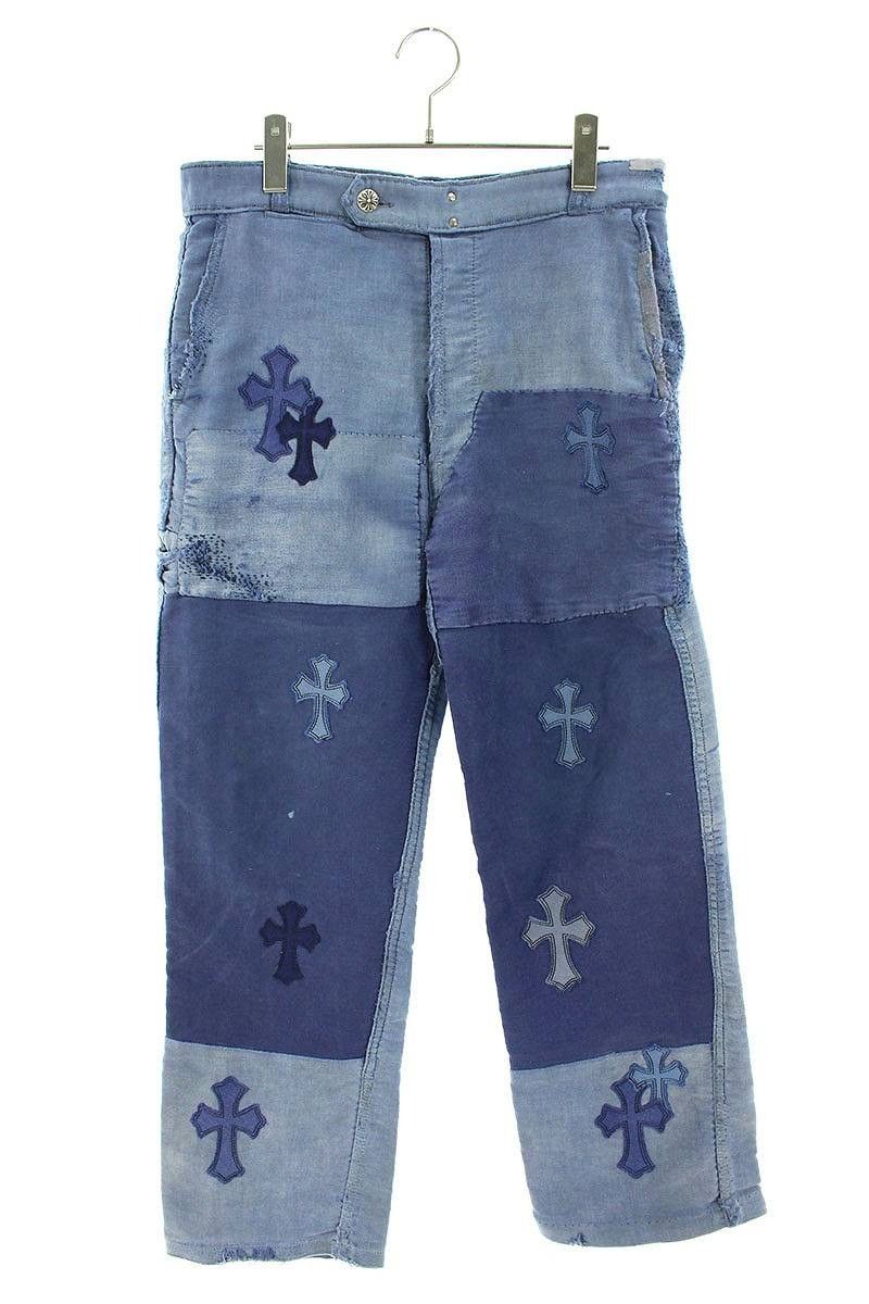 image of Chrome Hearts Vintage French Workwear Cross Patch Pants in Blue, Men's (Size 31)