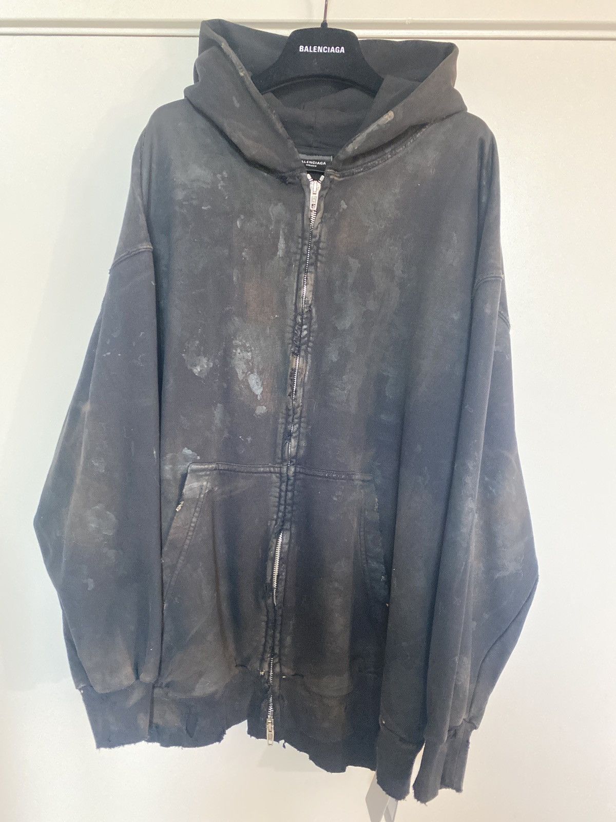 Image of Balenciaga Distress Paris Zip-Up Hoodie From Ss23 Mud Show in Faded Black, Men's (Size Small)