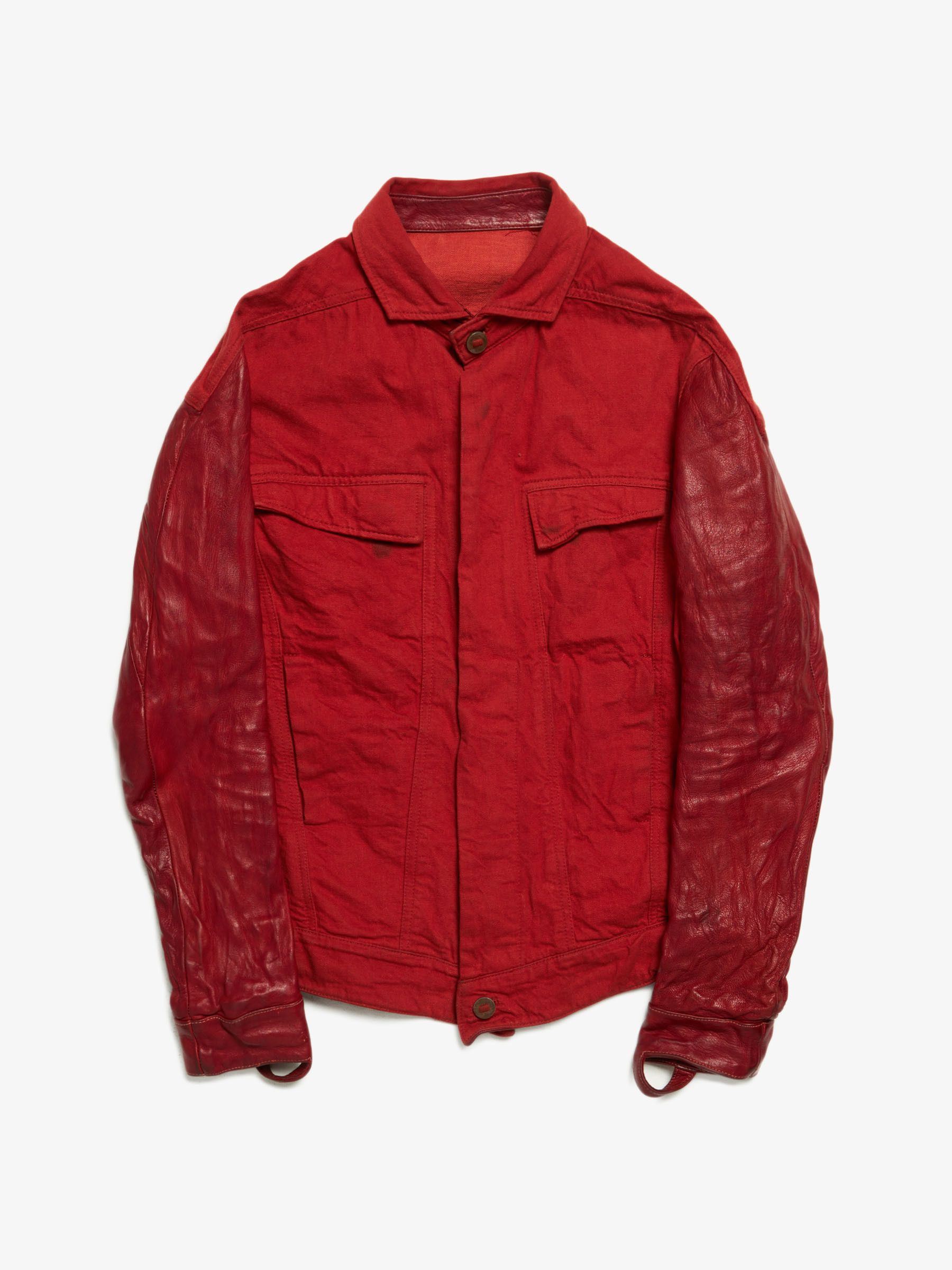 Boris Bidjan Saberi Red Leather Sleeve Detailed Denim Jacket Grailed
