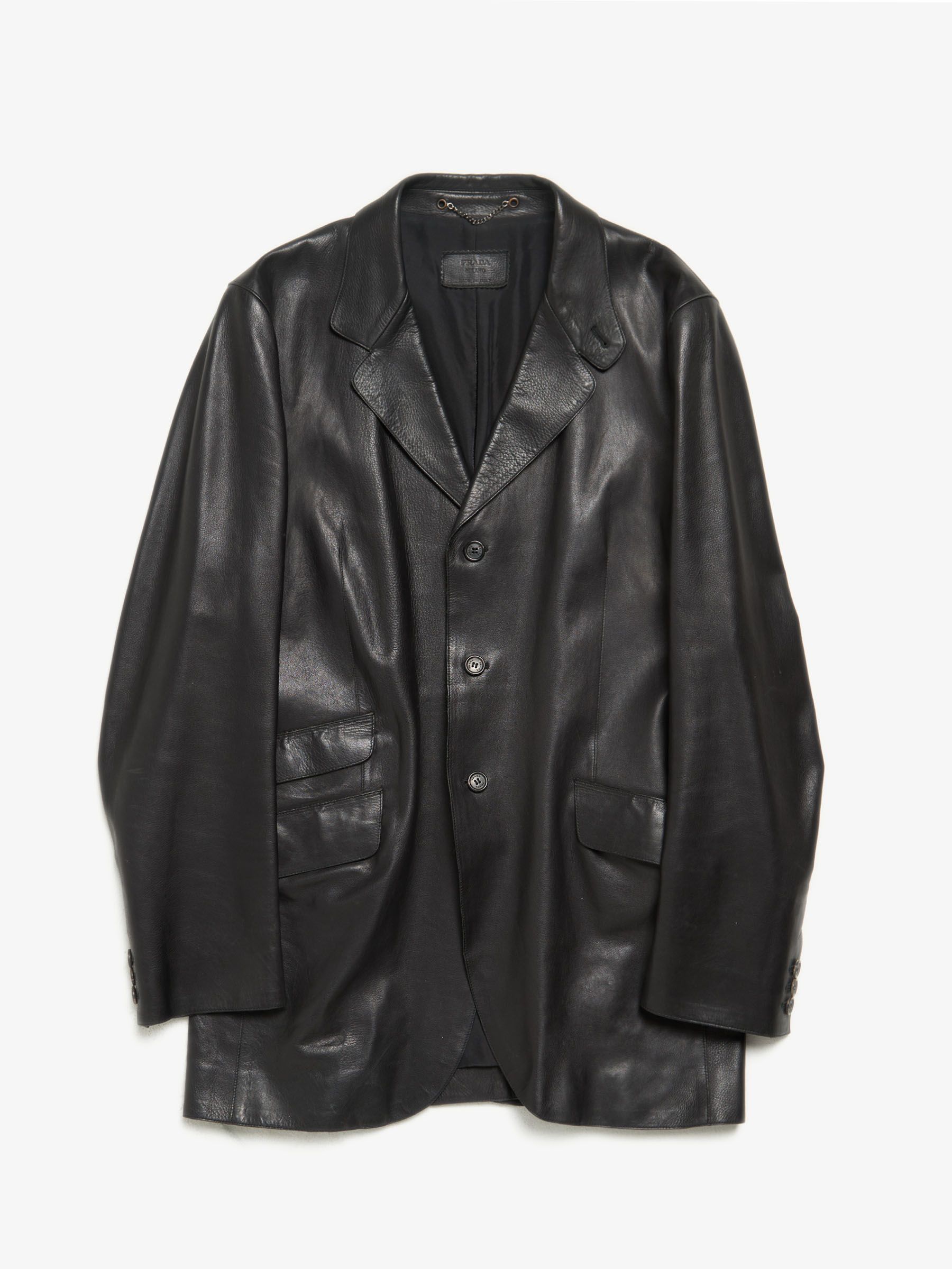 Pre-owned Prada Black Elongated Button Down Leather Blazer Jacket