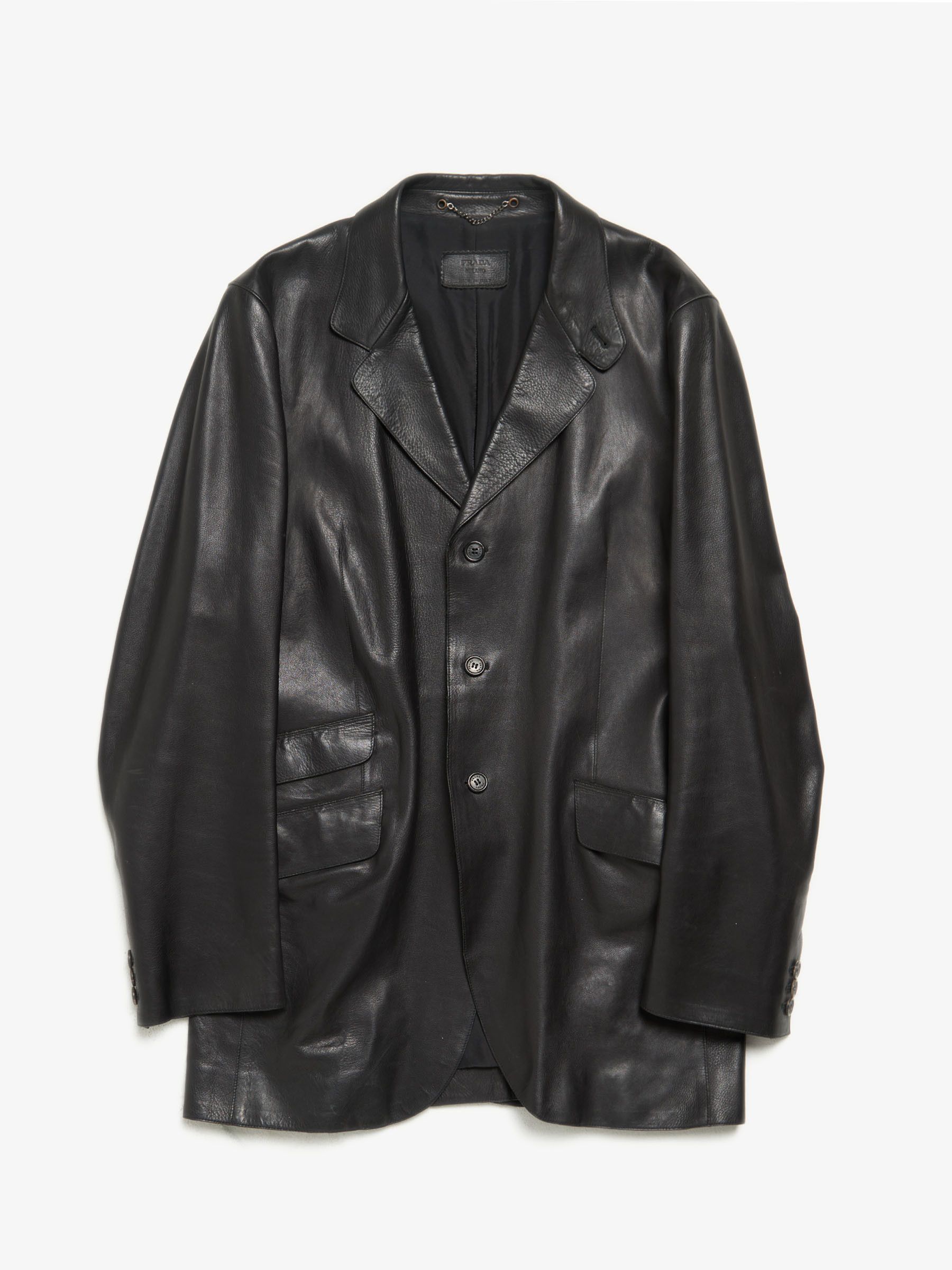 image of Prada Black Elongated Button Down Leather Blazer Jacket, Men's (Size Large)