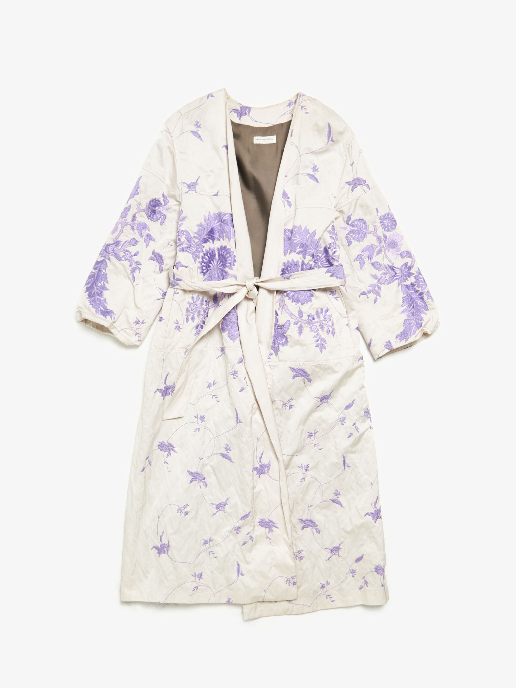 image of Dries Van Noten White Lilac Floral Embroidered 3/4 Sleeved Robe in White/Lilac, Men's (Size Medium)