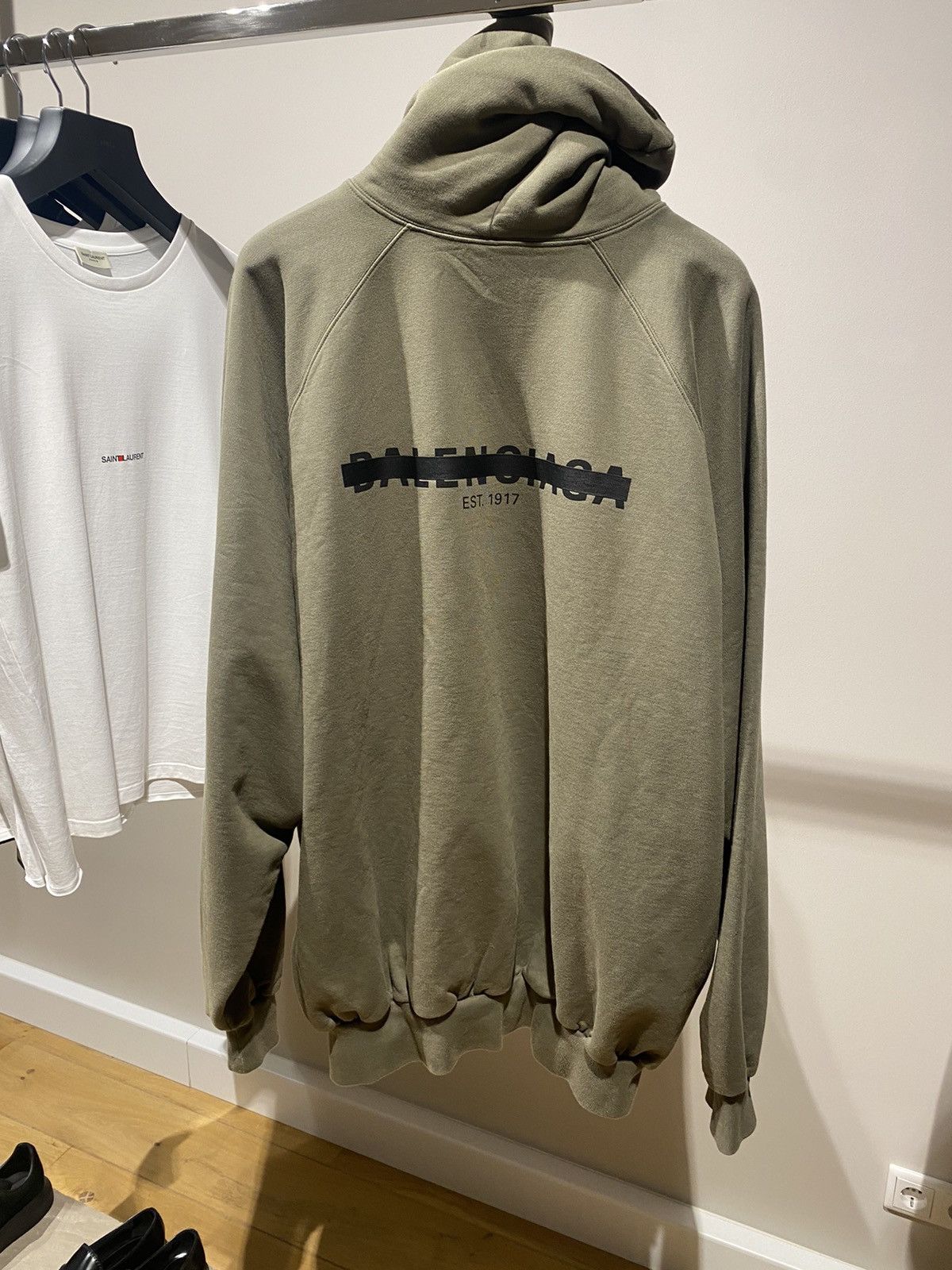 image of Balenciaga Strike 1917 Logo Hoodie in Olive, Women's (Size Large)
