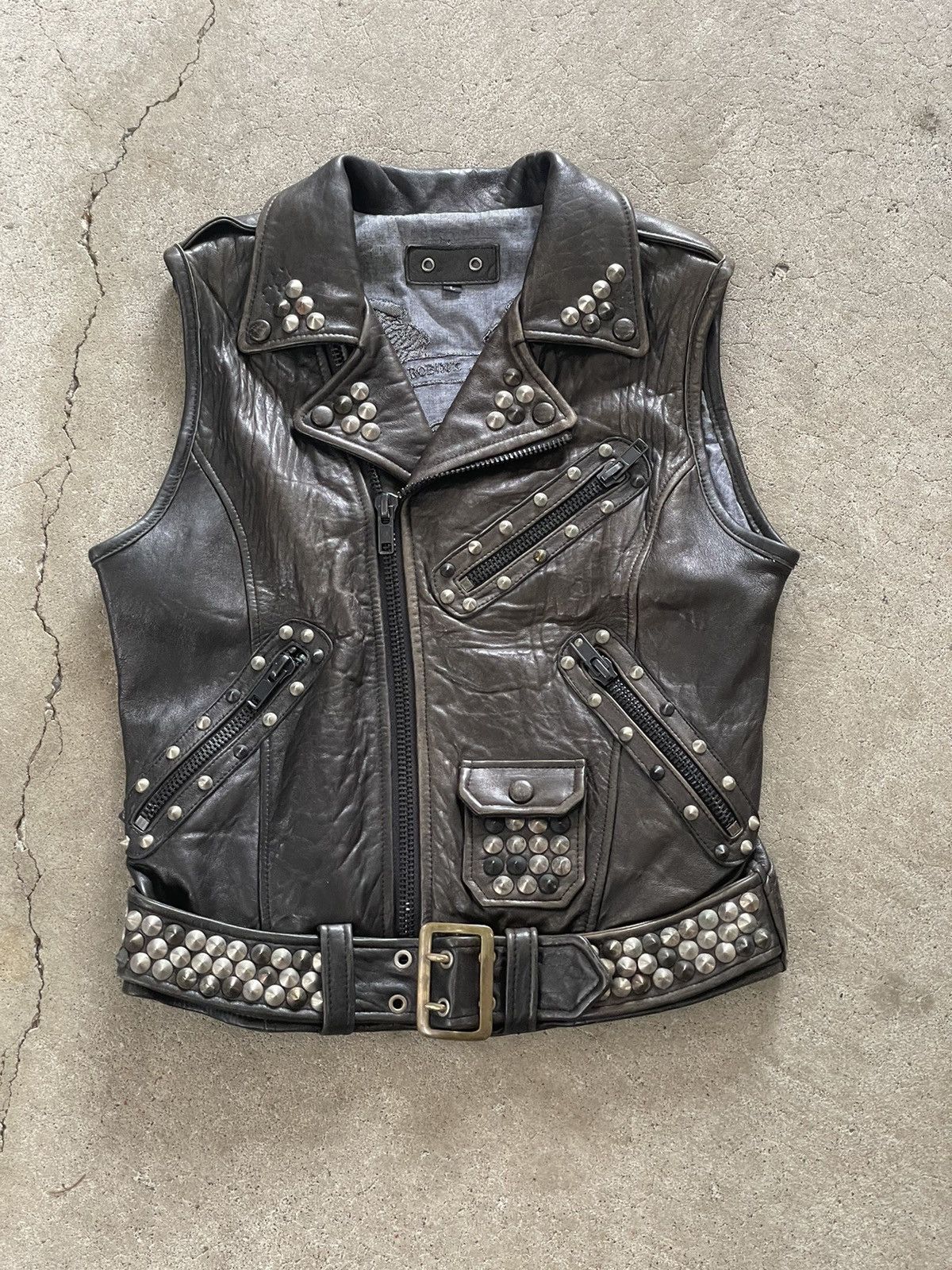image of Robins Jeans Leather Biker Vest in Brown, Women's (Size Large)