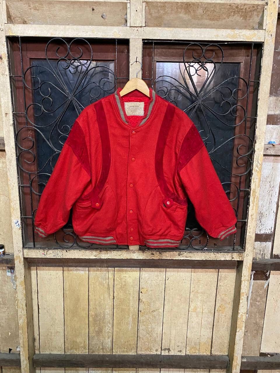 image of Archival Clothing x Vintage John Weery Wool Avant Garde Bomber Jacket in Red, Men's (Size Large)