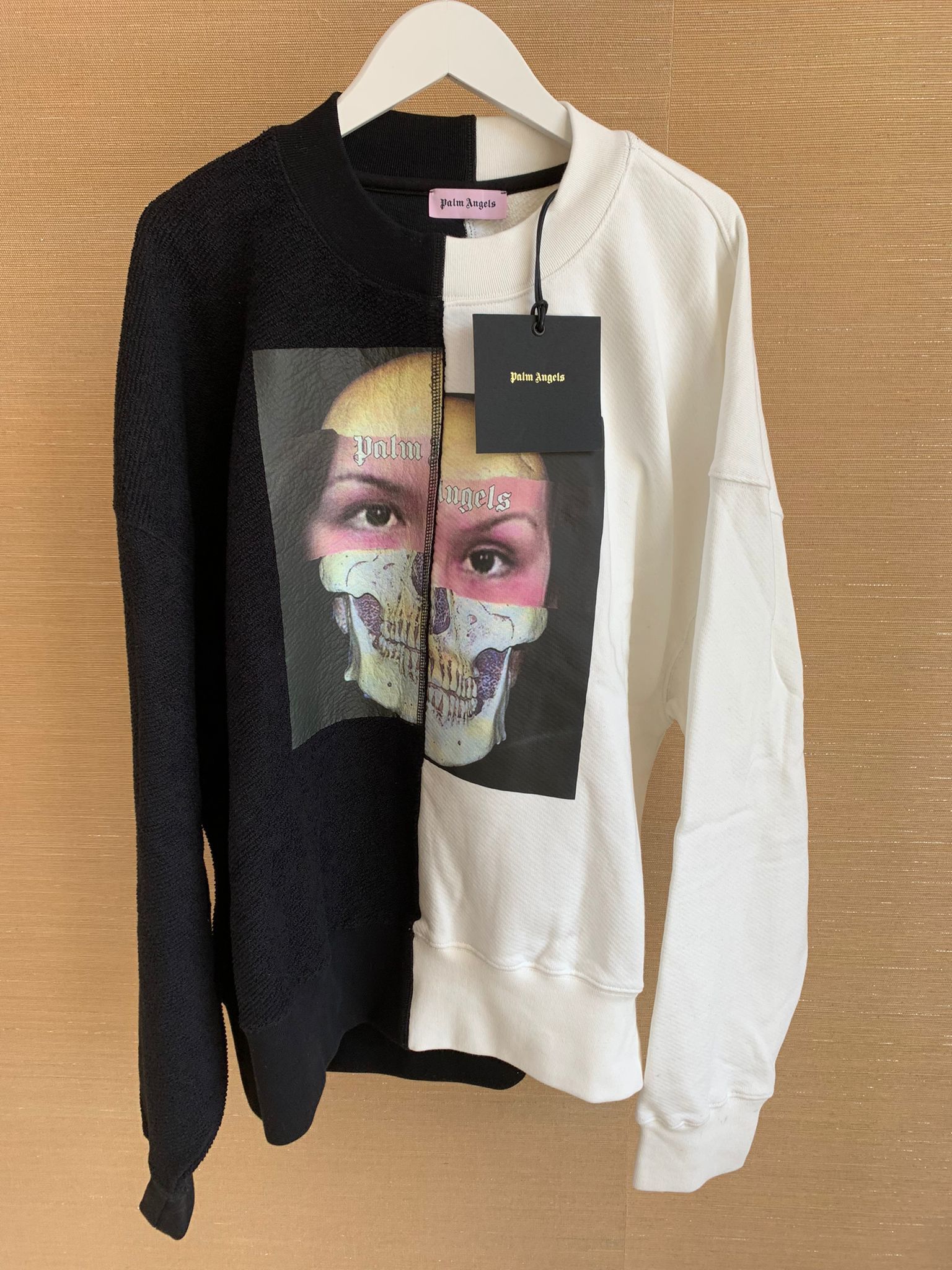 image of Palm Angels Split Mj Cropped Crew Neck In Black / Ivory in Ivory Black, Men's (Size Small)