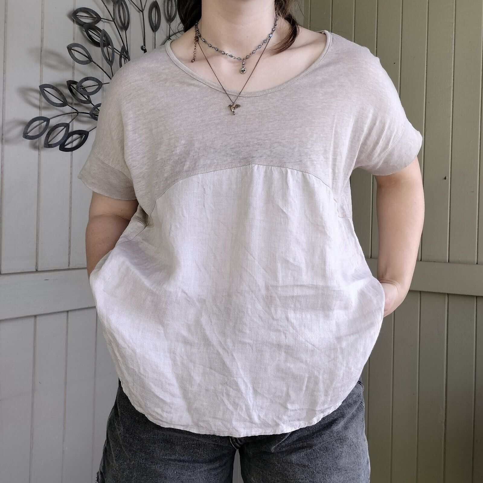 Designer Hammock & Vine Beige Colourblock Linen T Shirt Top Size M / US 6-8 / IT 42-44 - 3 Thumbnail