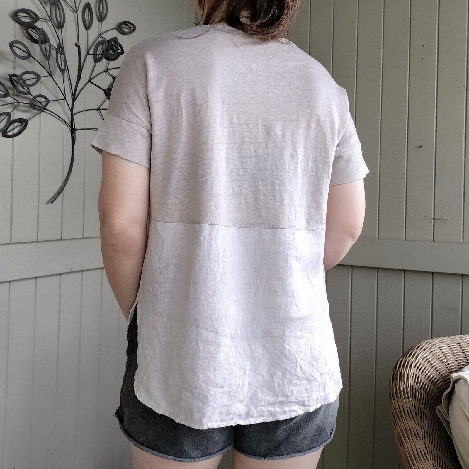 Designer Hammock & Vine Beige Colourblock Linen T Shirt Top Size M / US 6-8 / IT 42-44 - 4 Thumbnail
