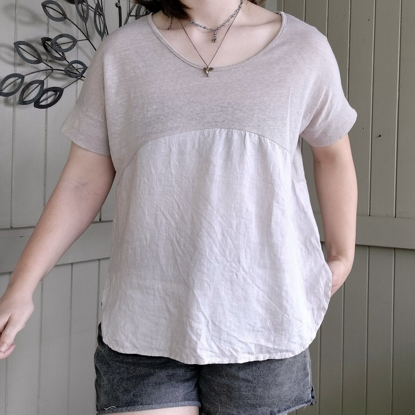 Designer Hammock & Vine Beige Colourblock Linen T Shirt Top Size M / US 6-8 / IT 42-44 - 2 Thumbnail