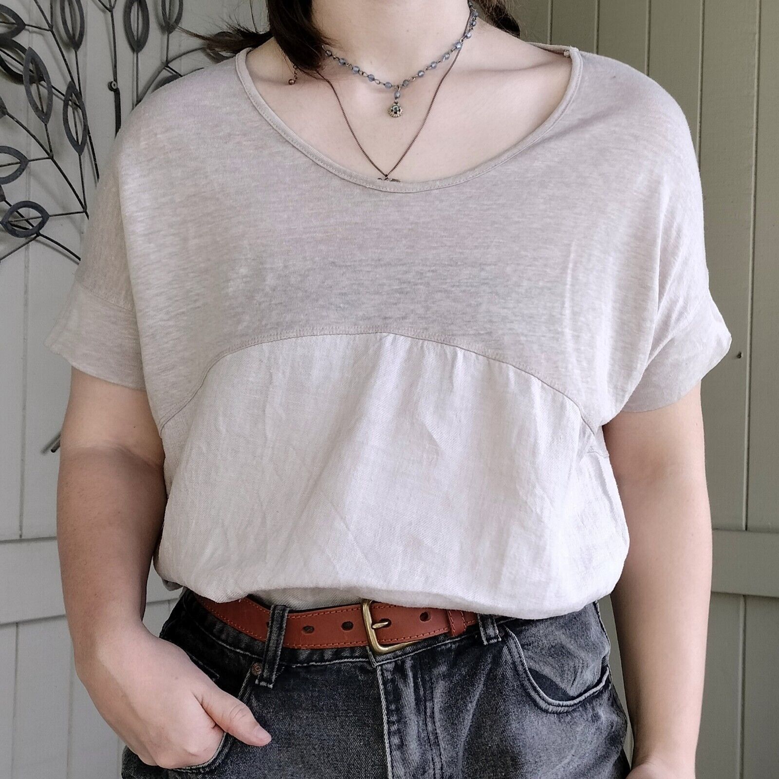 Designer Hammock & Vine Beige Colourblock Linen T Shirt Top Size M / US 6-8 / IT 42-44 - 1 Thumbnail