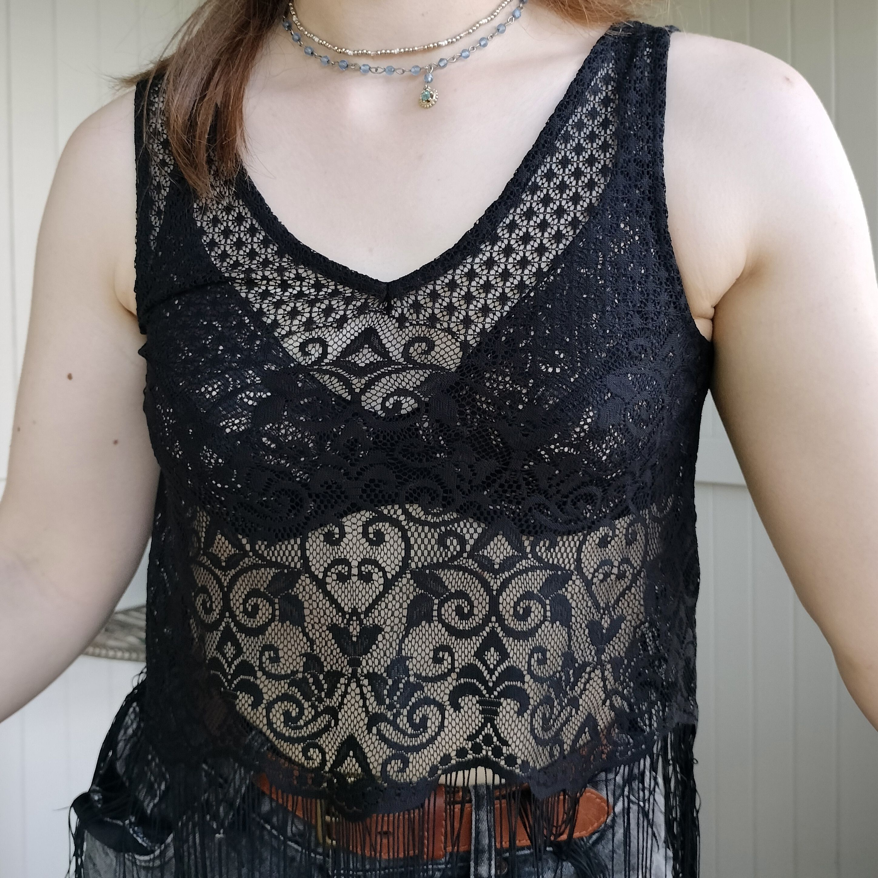 Designer Forever new black boho crochet mesh lace fringe tank top Size ONE SIZE - 3 Thumbnail
