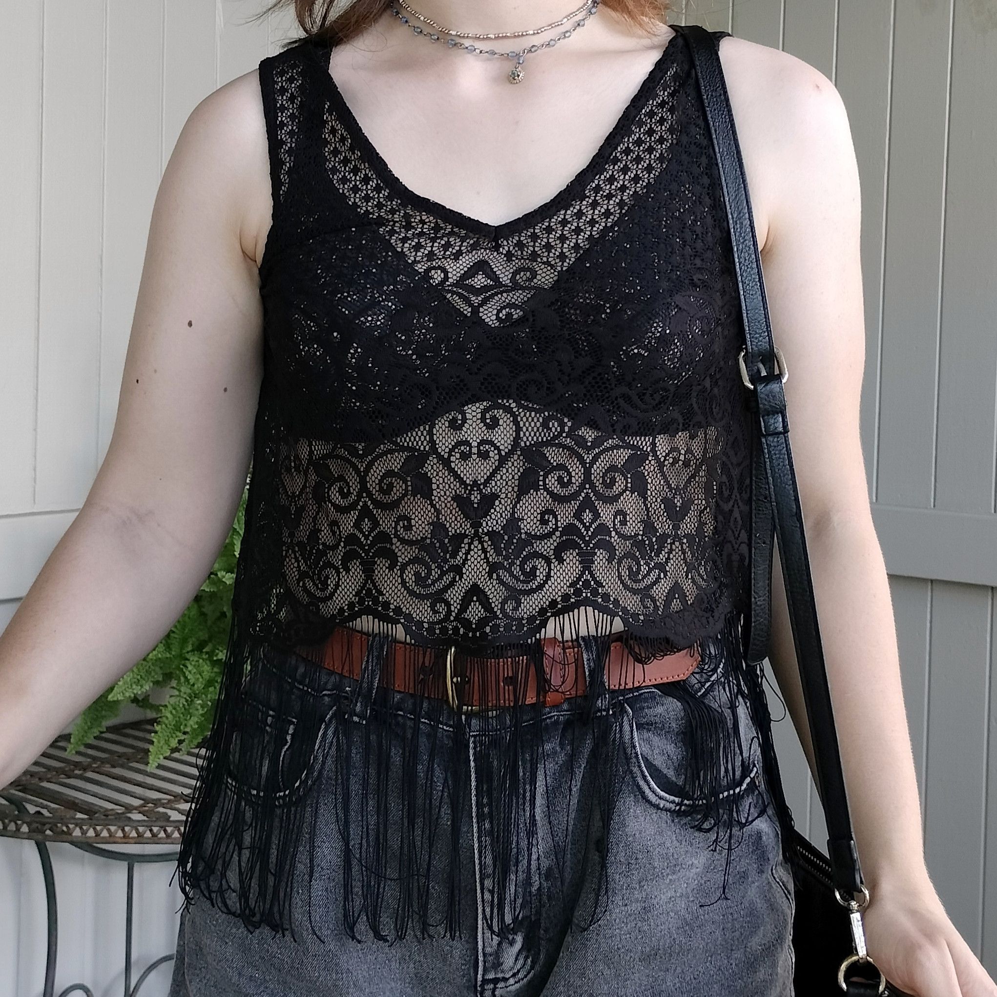 Designer Forever new black boho crochet mesh lace fringe tank top Size ONE SIZE - 1 Thumbnail
