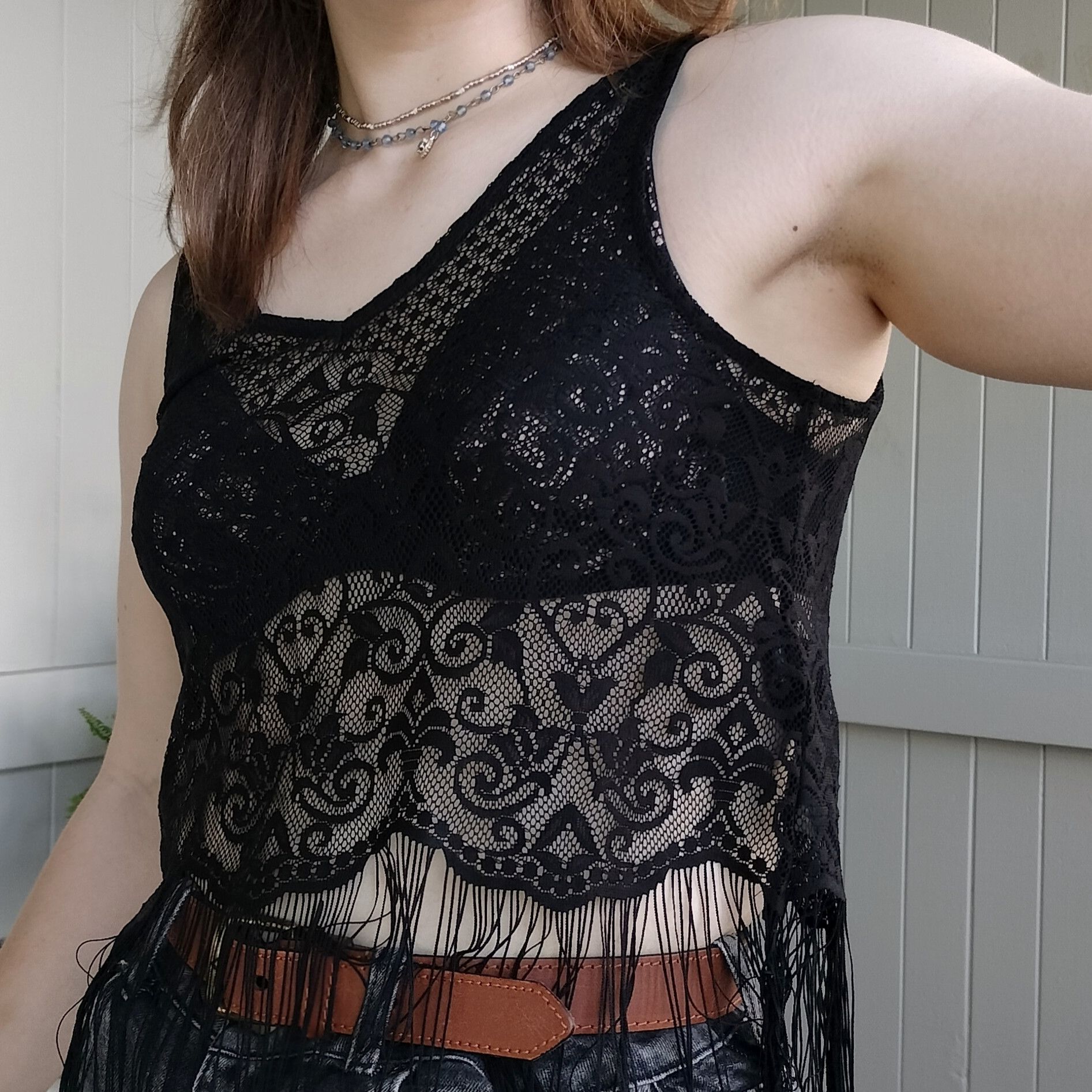 Designer Forever new black boho crochet mesh lace fringe tank top Size ONE SIZE - 4 Thumbnail