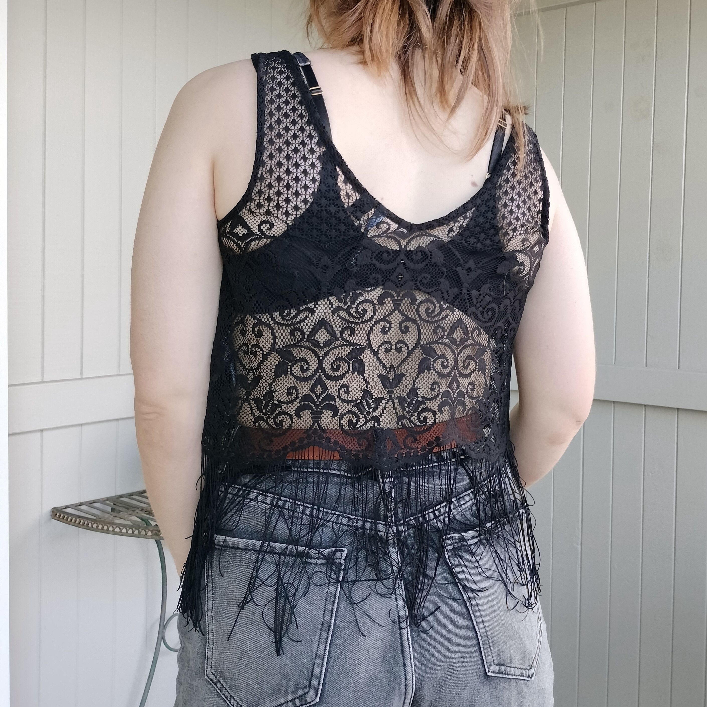Designer Forever new black boho crochet mesh lace fringe tank top Size ONE SIZE - 2 Thumbnail