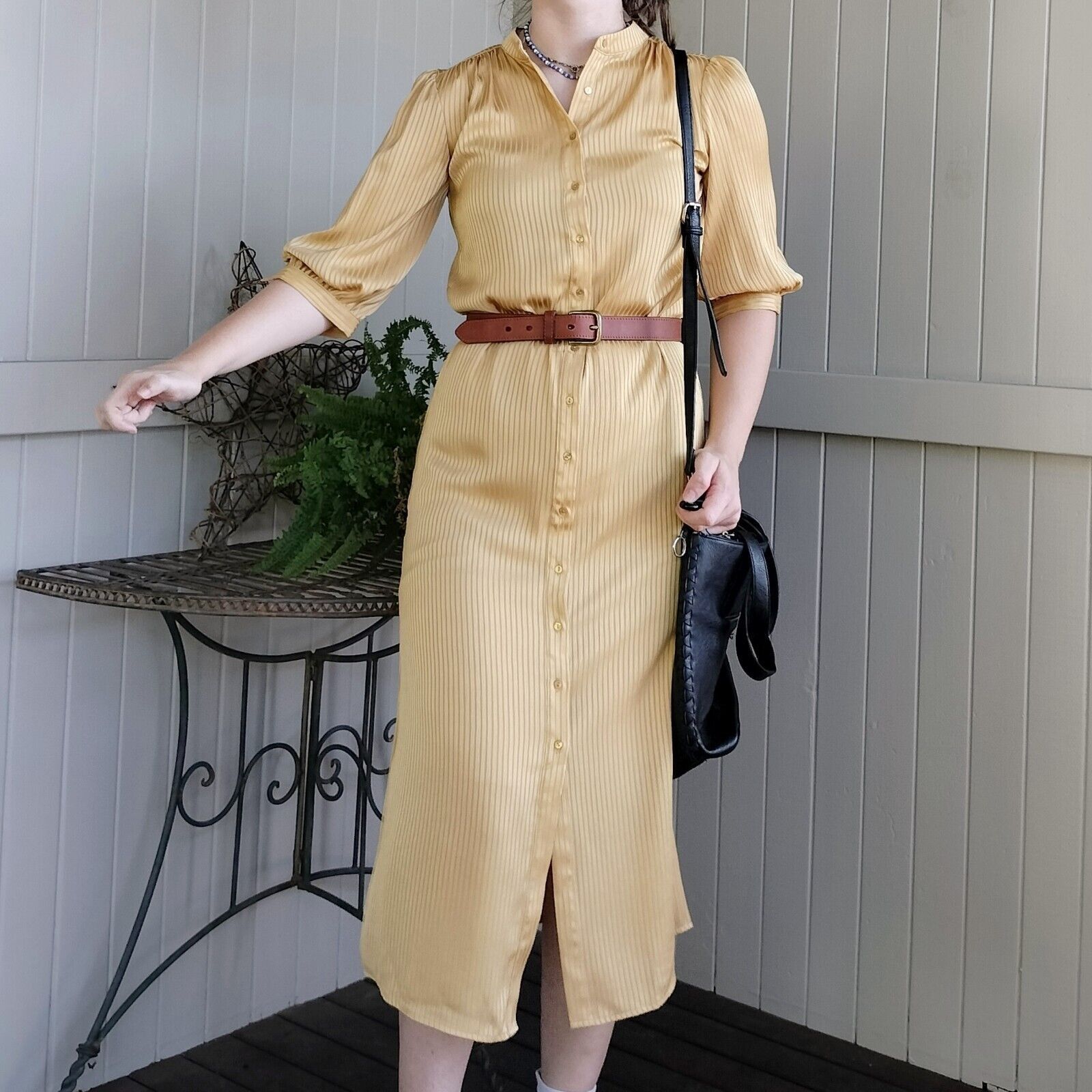 Designer GDS Helenam Dress Midi Satin Pleated Button Up Bishop Sleeve Size XS / US 0-2 / IT 36-38 - 1 Thumbnail