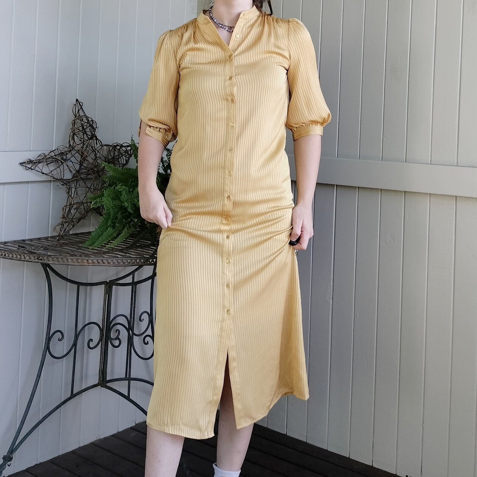 Designer GDS Helenam Dress Midi Satin Pleated Button Up Bishop Sleeve Size XS / US 0-2 / IT 36-38 - 4 Thumbnail