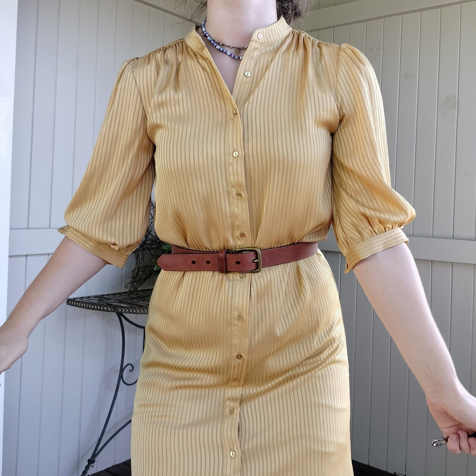 Designer GDS Helenam Dress Midi Satin Pleated Button Up Bishop Sleeve Size XS / US 0-2 / IT 36-38 - 6 Thumbnail