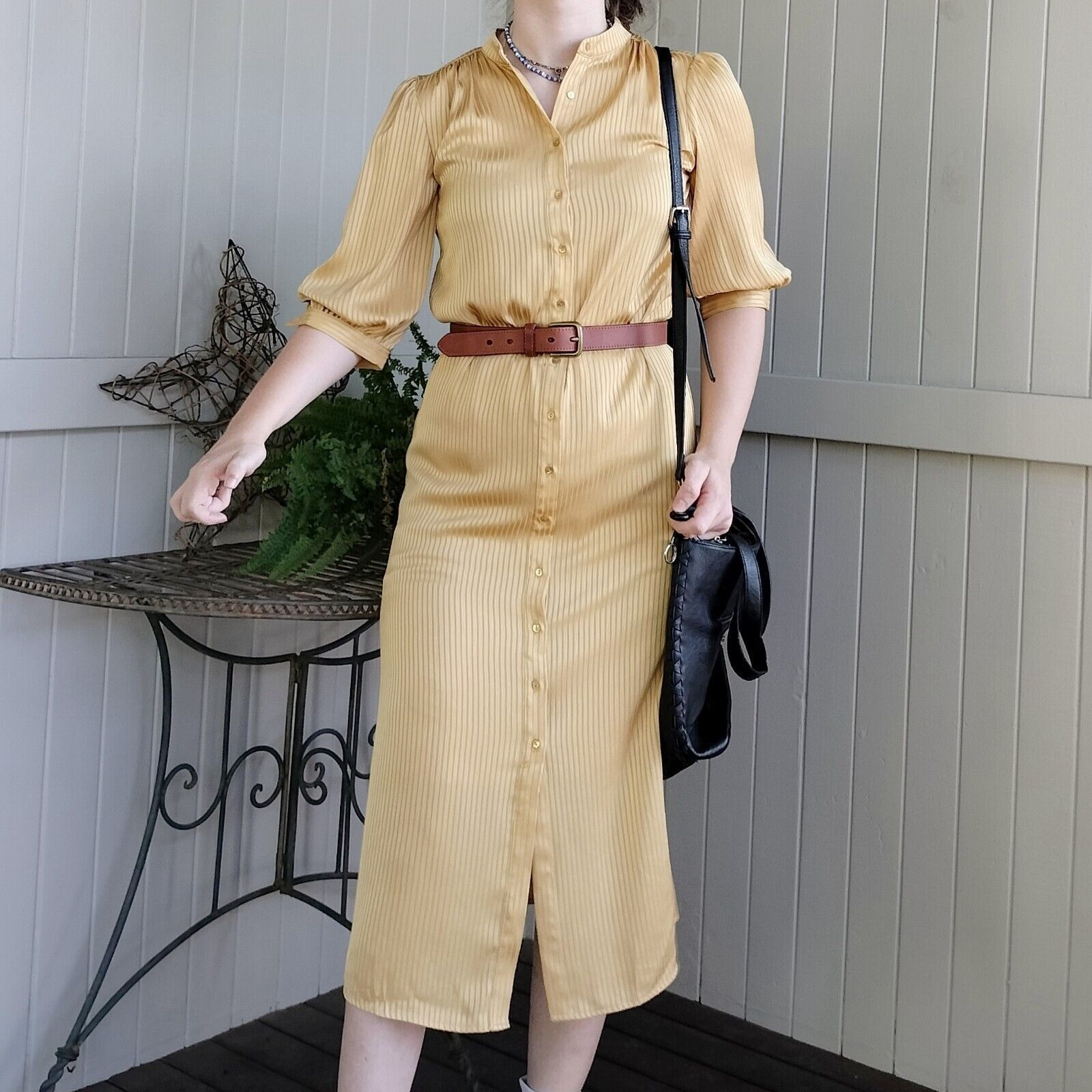 Designer GDS Helenam Dress Midi Satin Pleated Button Up Bishop Sleeve Size XS / US 0-2 / IT 36-38 - 2 Thumbnail