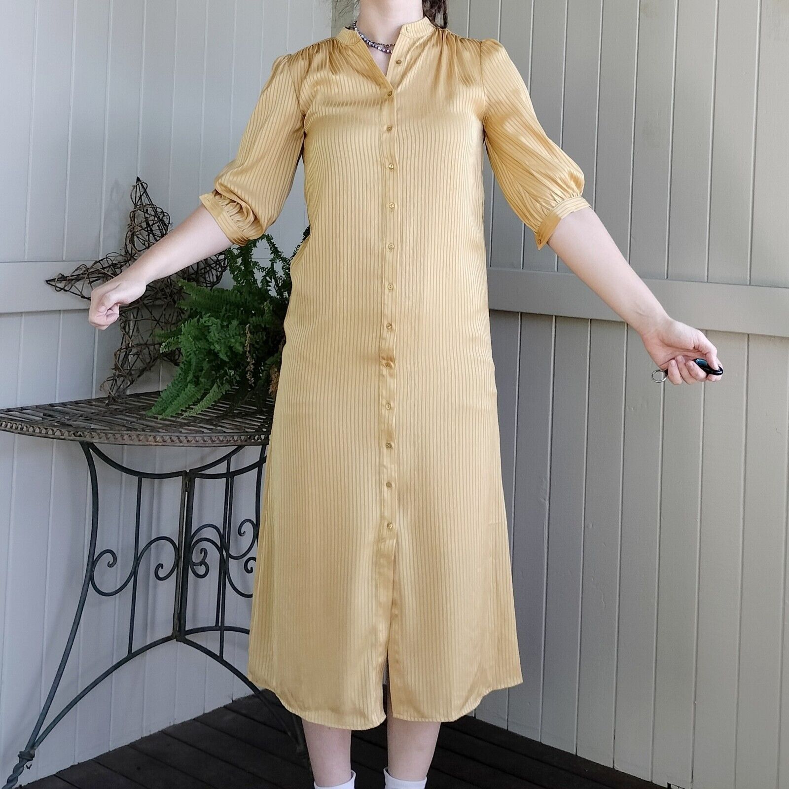 Designer GDS Helenam Dress Midi Satin Pleated Button Up Bishop Sleeve Size XS / US 0-2 / IT 36-38 - 3 Thumbnail