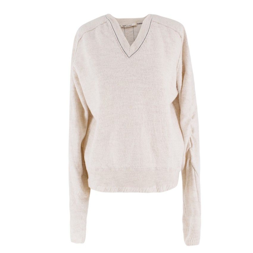 image of Celine Phoebe Philo Wool & Alpaca V-Neck Sweater Ruched Sleeves in Cream, Women's (Size Small)