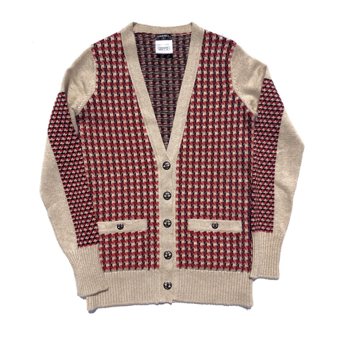 image of Chanel Multicolor Houndstooth Tweed Cashmere Cardigan in Red, Women's (Size Small)