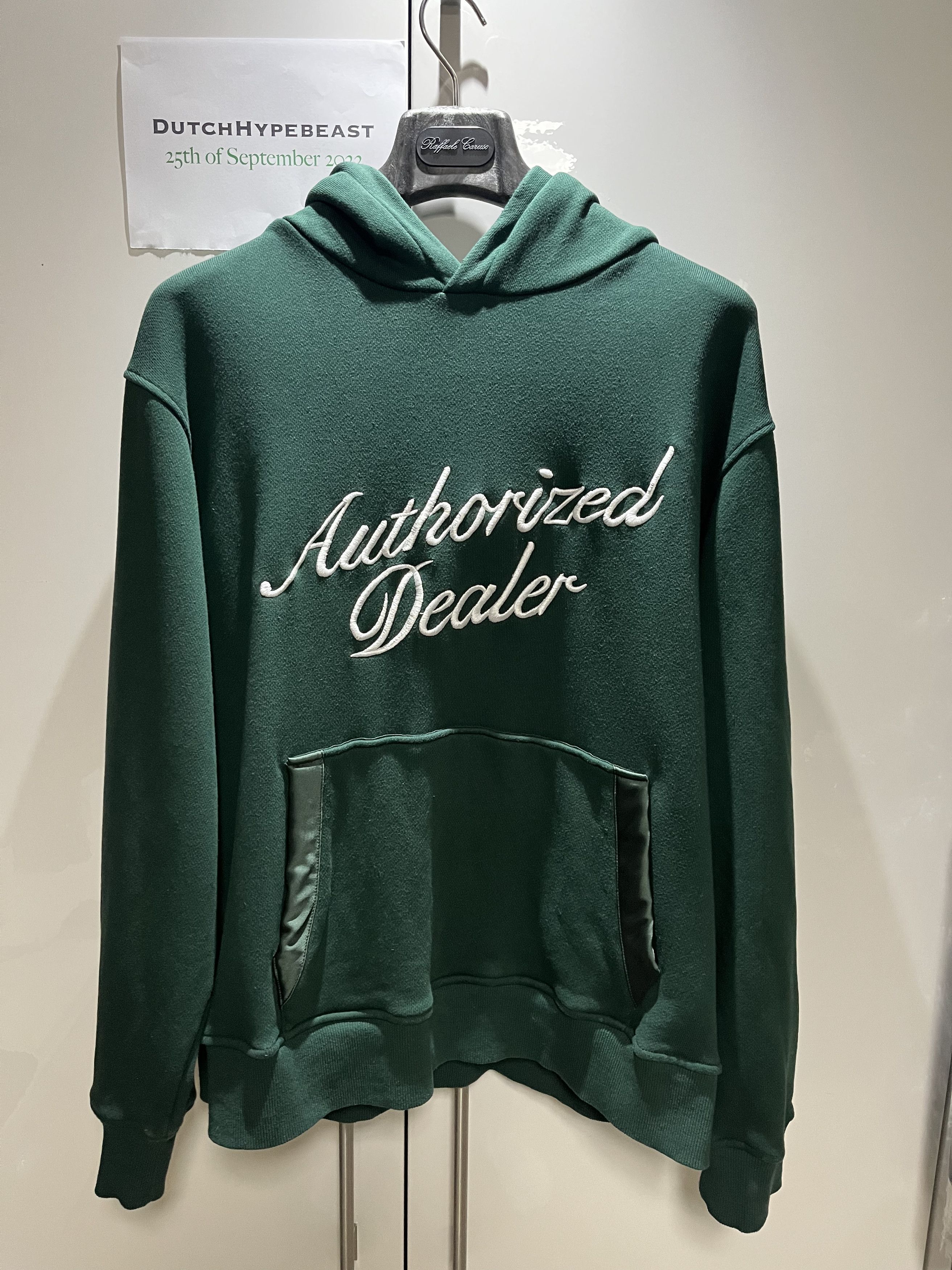 image of Just Don Authorized Dealer Hoodie in Dark Green/White Text, Men's (Size XL)